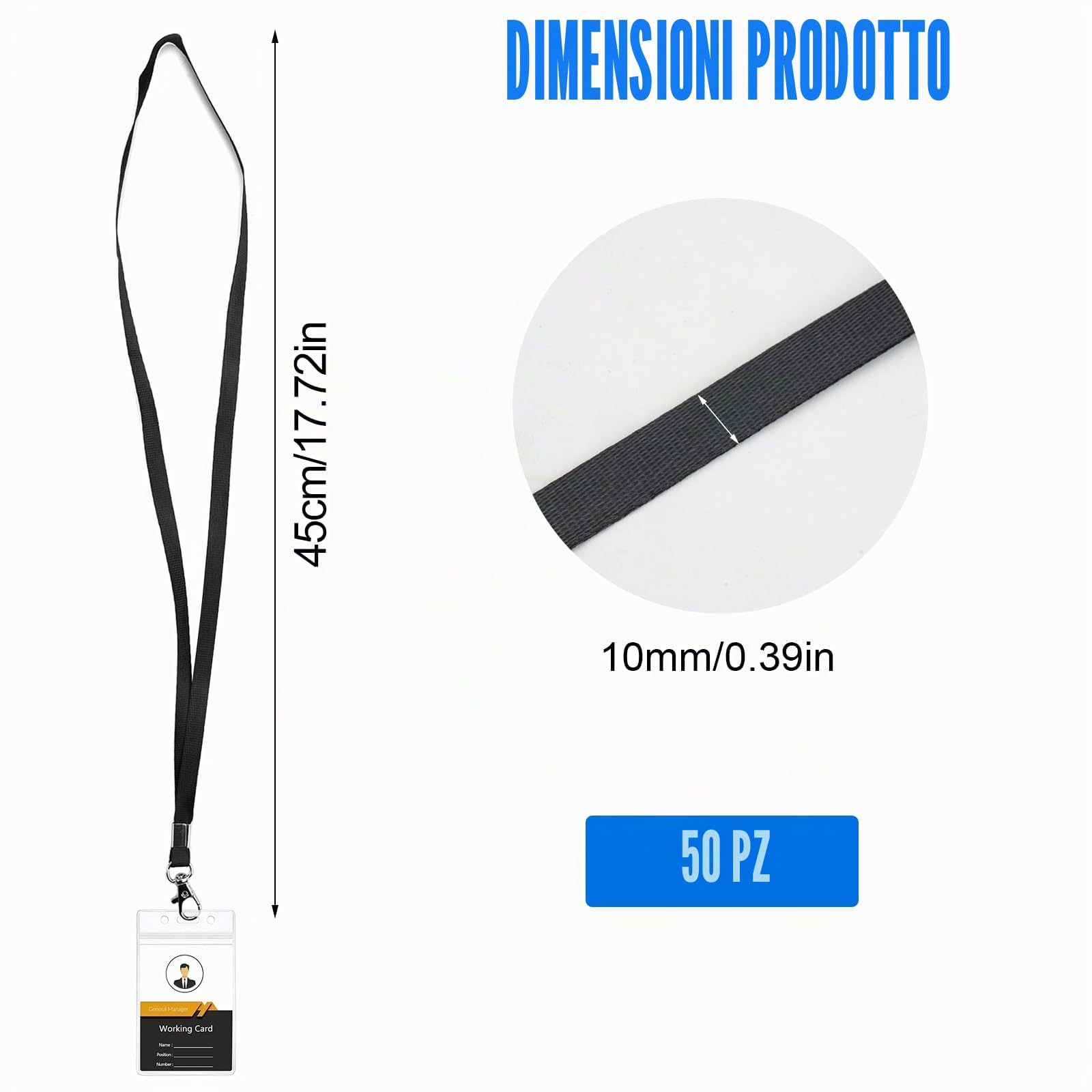 Cordino Porta Badge da Collo con Clip 45 cm Nero 50 Pezzi