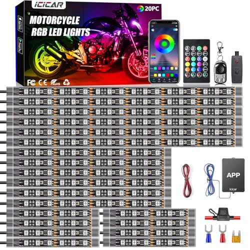 Image of Motorcycle LED Underglow Kit, icicar 20Pcs APP /RF Control Multicolor Motorcycle LED Light Kit with Brake Turn Signal, IP68 Waterproof & Music Sync Ambient Light for Motorcycles