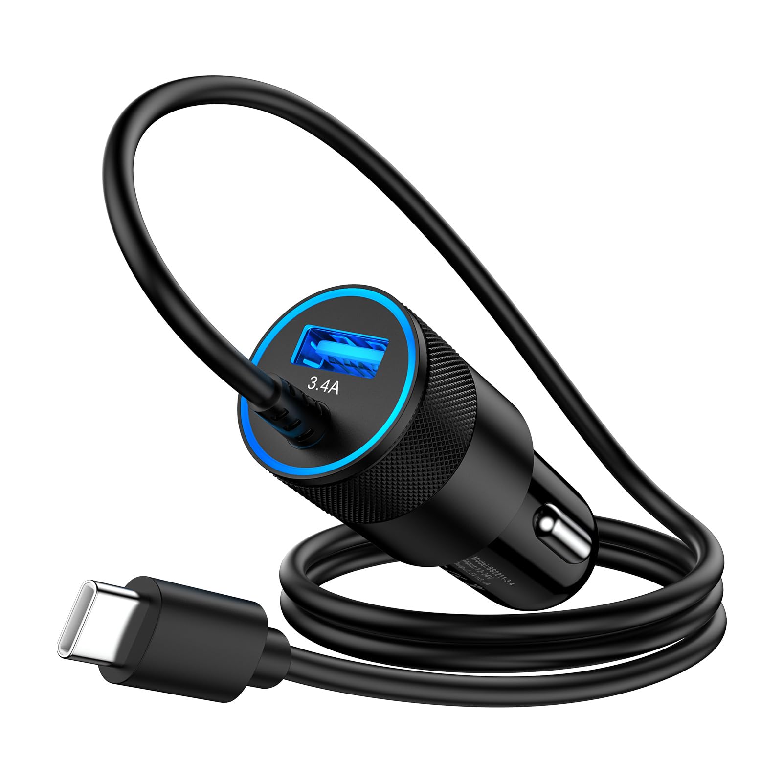 3.4A Car Charger Cigarette Lighter with 3.3ft USB C Cable Fast Charge Car Phone Charger Socket for iPhone 16 Pro Max Plus 15/13/14/12 Samsung S25 S25Ultra S24 S23 S22 A54 A13 A14 A05s iPad