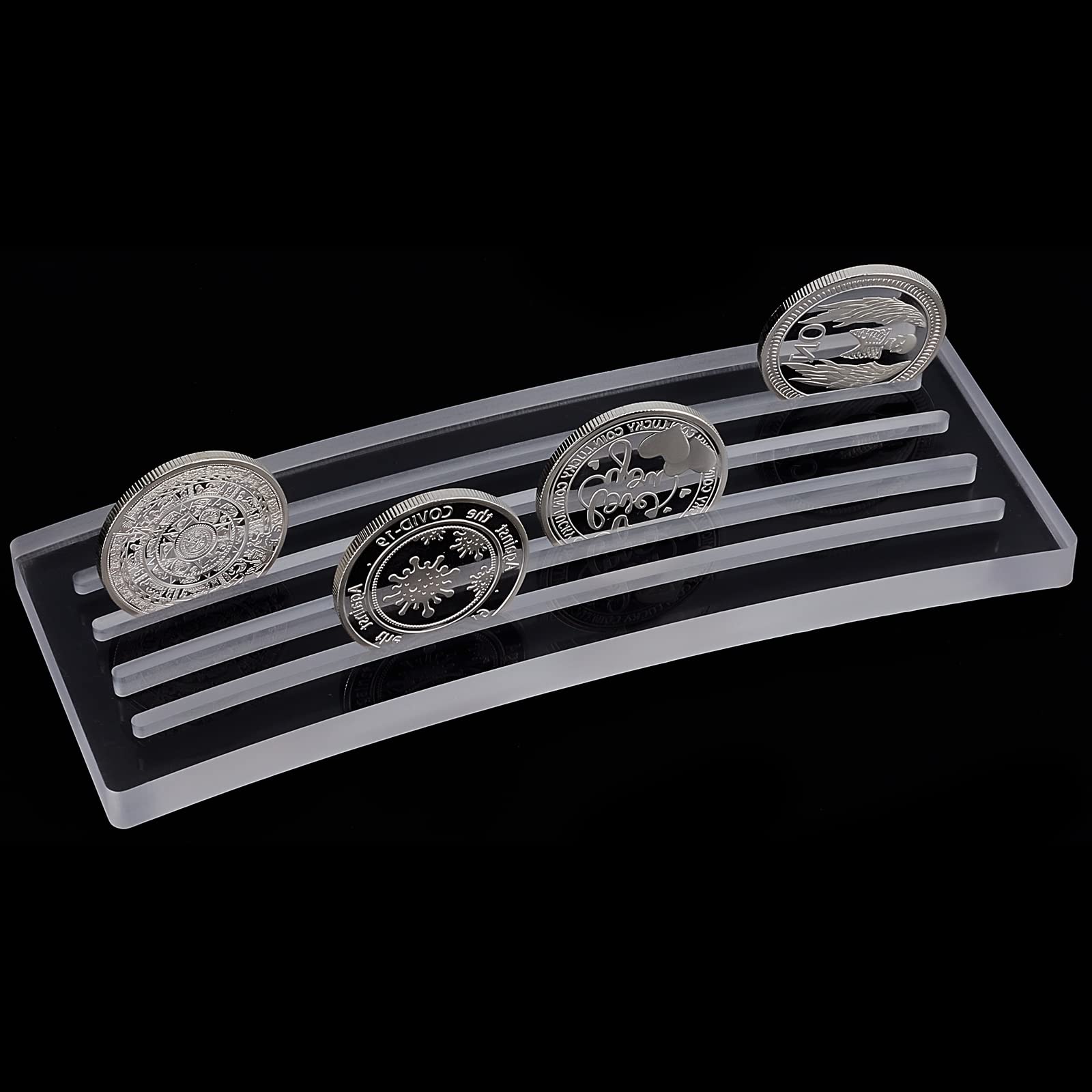 GLOBLELAND Acrylic Coins Holder Challenge Coins Display Shelves Stand 4 Row Coins Display Holder Rack Case for Café Art Museum Dining Room Decoration