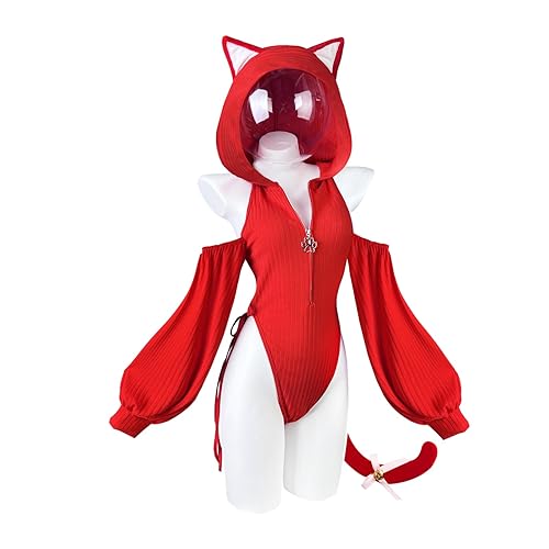 KORURACLUB Cosplay Anime Bodysuit Cat Outfit(3-Piece Set) Sexy Halloween Cosplay Lingerie for Women - XS-M - Red