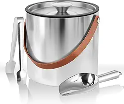 Balde de gelo isolado de parede dupla de aço inoxidável com tampa, colher, pinça, coador, alça de couro Mantenha o gelo congelado por mais tempo grandes baldes de gelo de vinho para festas,