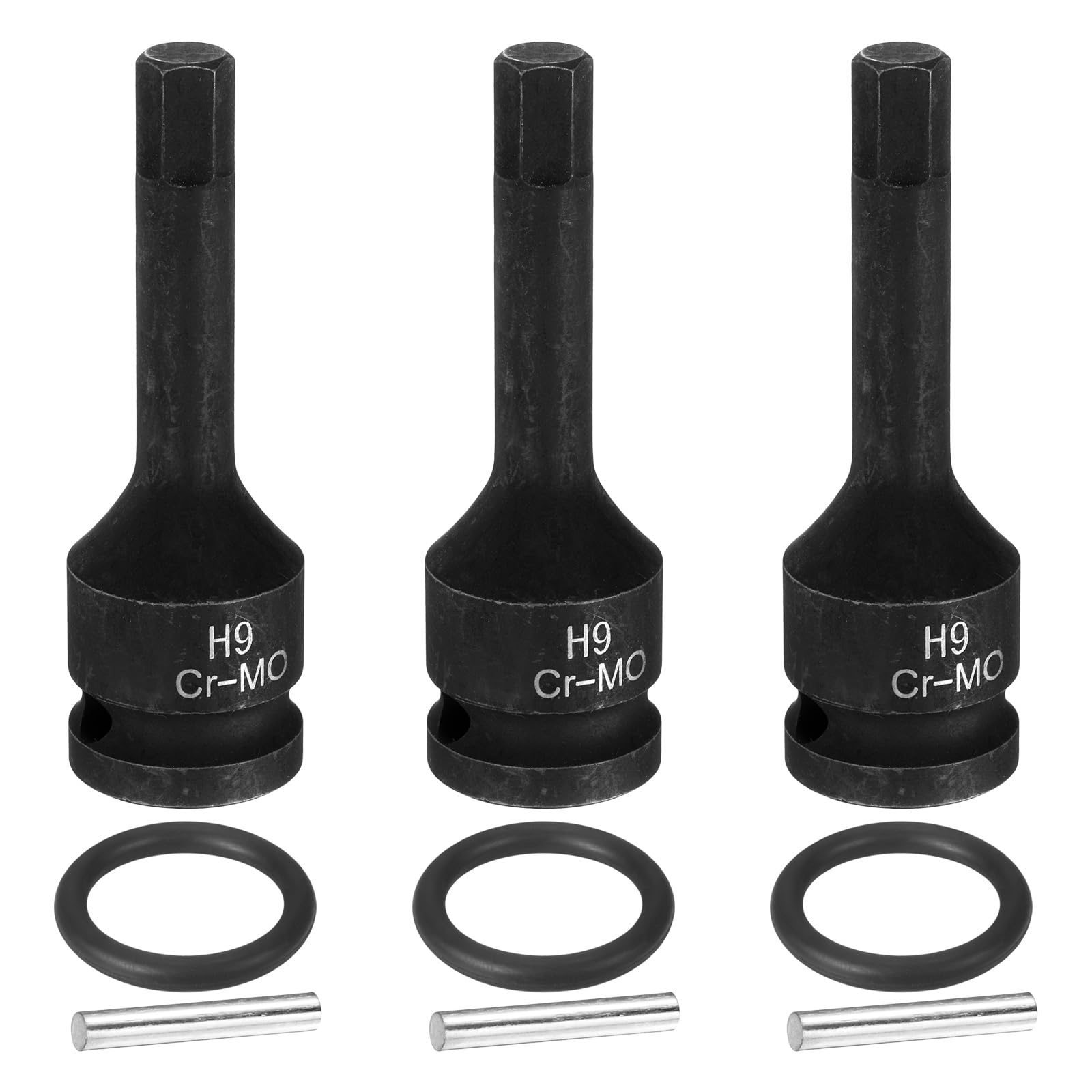 sourcing map 3pcs 1/2" Drive Impact Hex Bit Socket H9(9mm) Metric CR-MO Steel 6-Point Sockets with Cotter Pin for Power Drill Drivers Adapter