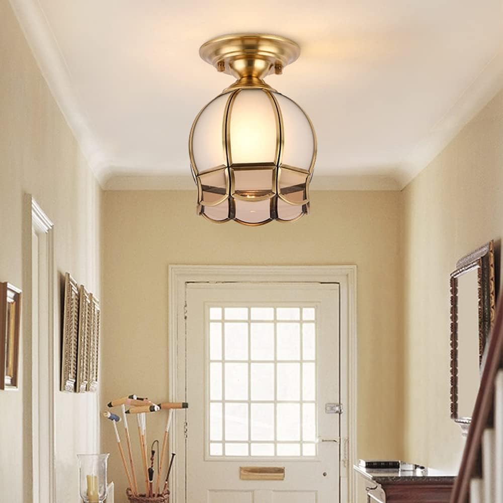 Vintage Gold Round Flush Mount Ceiling Lamp Surface Mount Aisle Corridor Balcony Porch Energy Saving Ceiling Light Home Decor Lighting Fixtures High Transmittance Glass Lampshade Brass Lamp