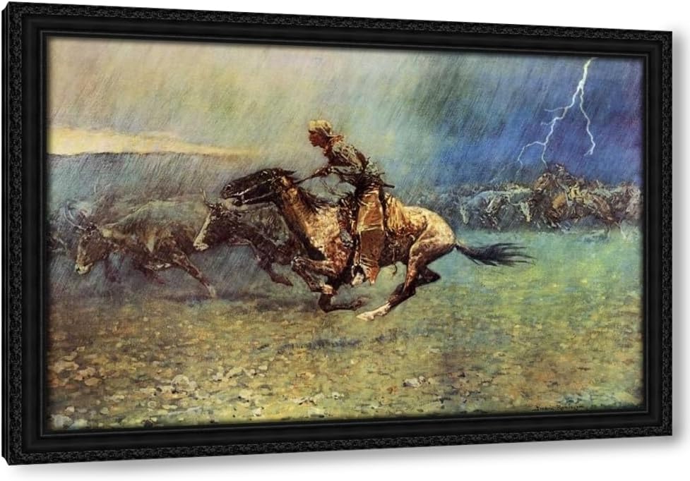 Remington, Frederic 40x28 Black Ornate Framed Canvas Art Print Titled: The Stampede