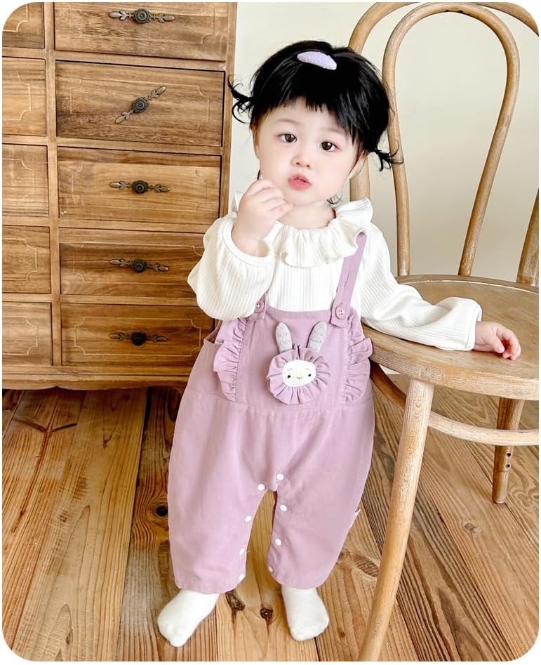 Irsutey Baby Girls Bunny Applique Overalls 2-Piece Set, Ruffle Collar Long Sleeve Top & Cute Jumpsuit, Infant Casual Clothing