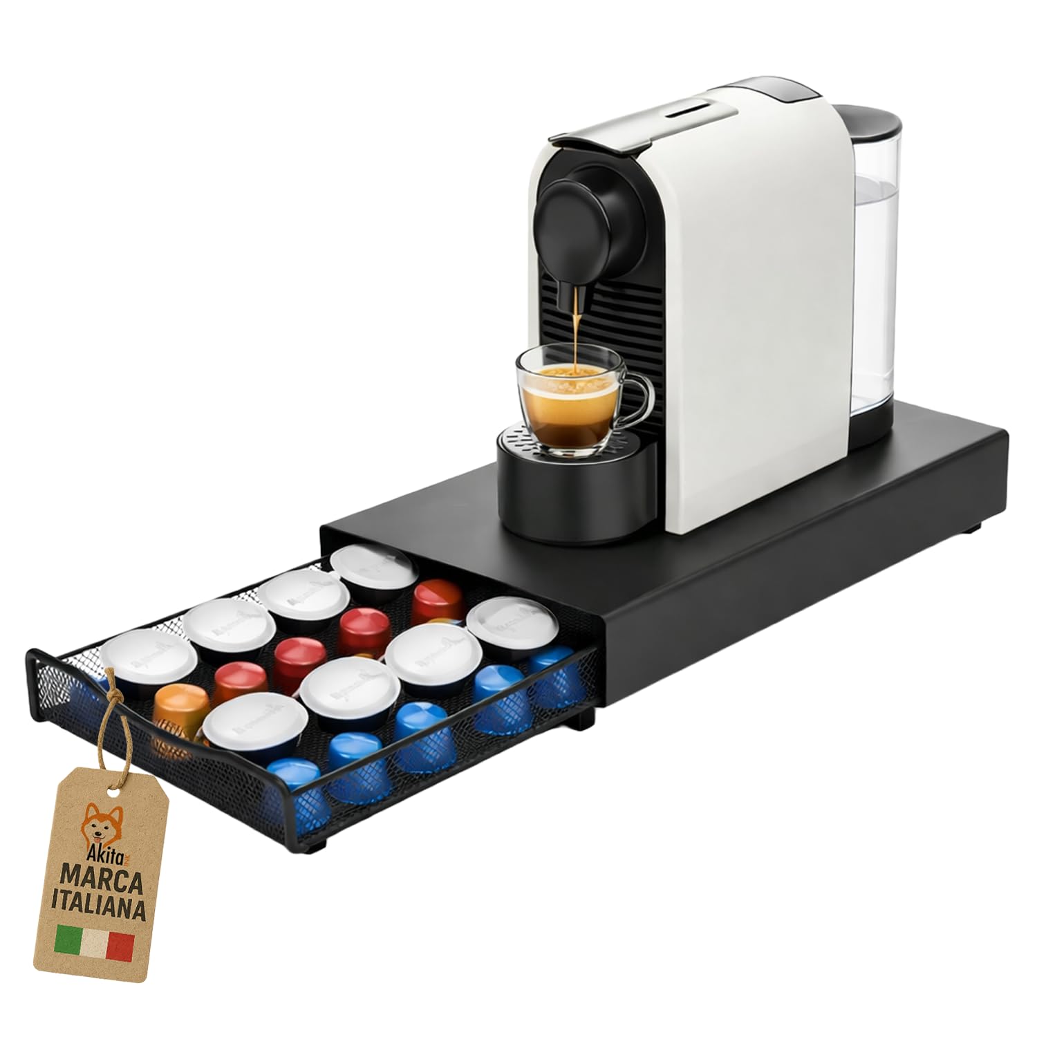 AKITAInk Portacapsule Caffè in Metallo con Cassetto, Organizer 40 Capsule Salvaspazio, Supporto Macchina Caffè, 37,5x17,5x4,5 cm, Nero