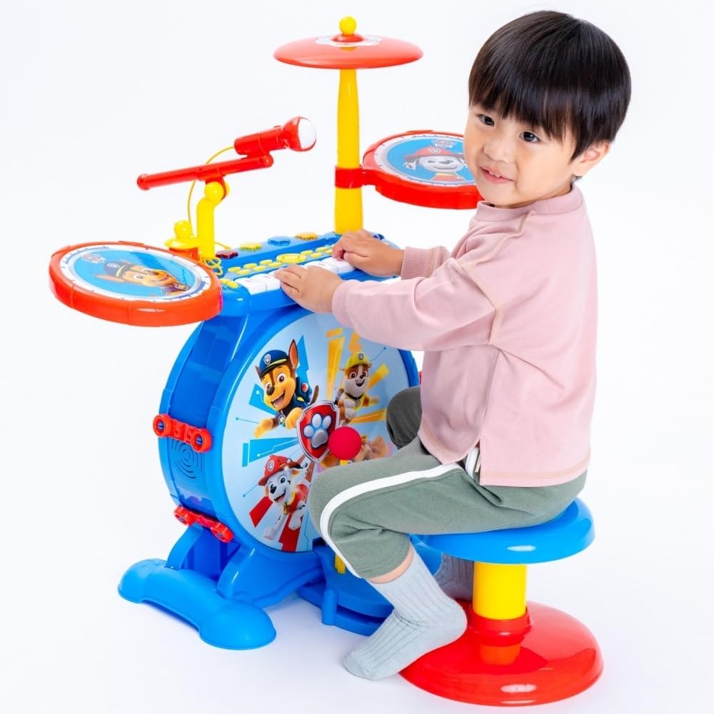 Lexibook K610PA Paw Patrol Chase Elektroniczny Zestaw dla Dzieci, Muzyczna Zabawka, Realistyczny Dźwięk Perkusji, 8-Klawiszowa Klawiatura, Wtyczka Mp3, Siedzisko w Zestawie, Niebieski, Czerwony