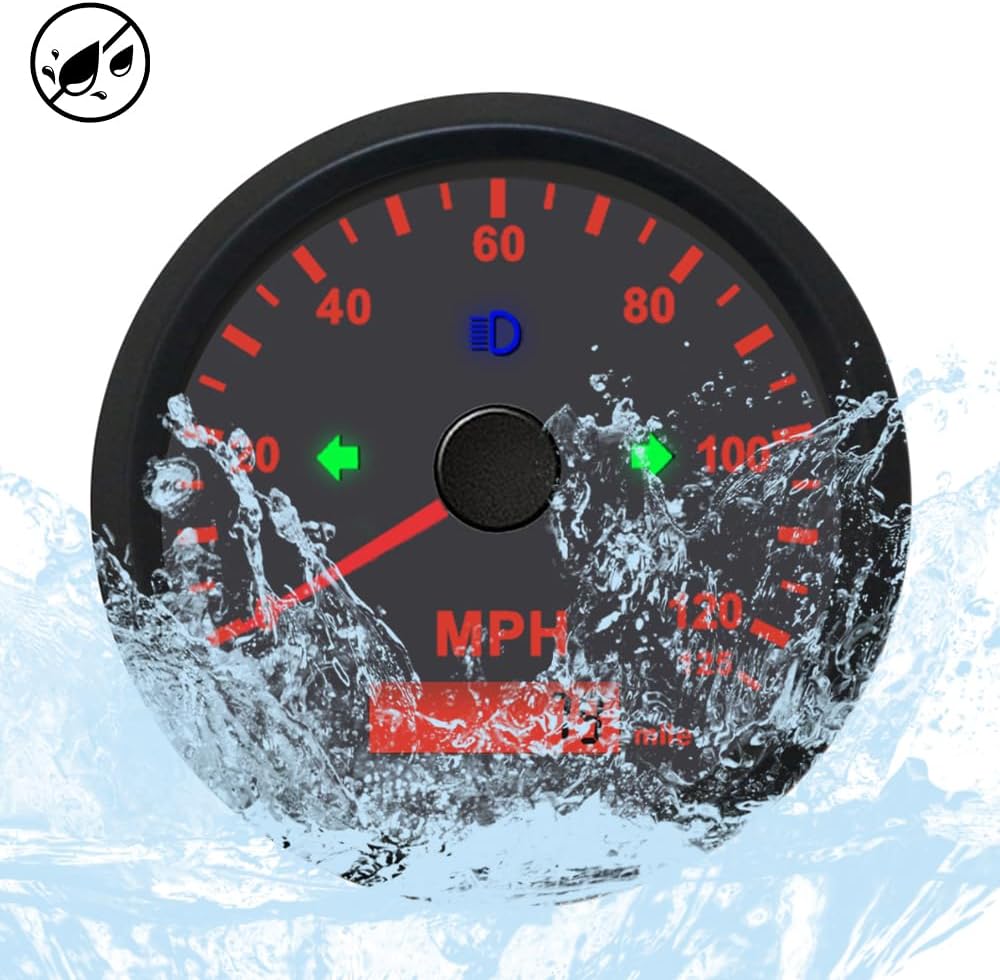 Waterproof 85mm Speedometer Gauge 0-125MPH Marine MPH GPS Speedometer Adjustable Odometer LCD Indicator with Backlight Overspeed Alarm for Boat Car Truck Replacement 9-32VDC (Black&Black)