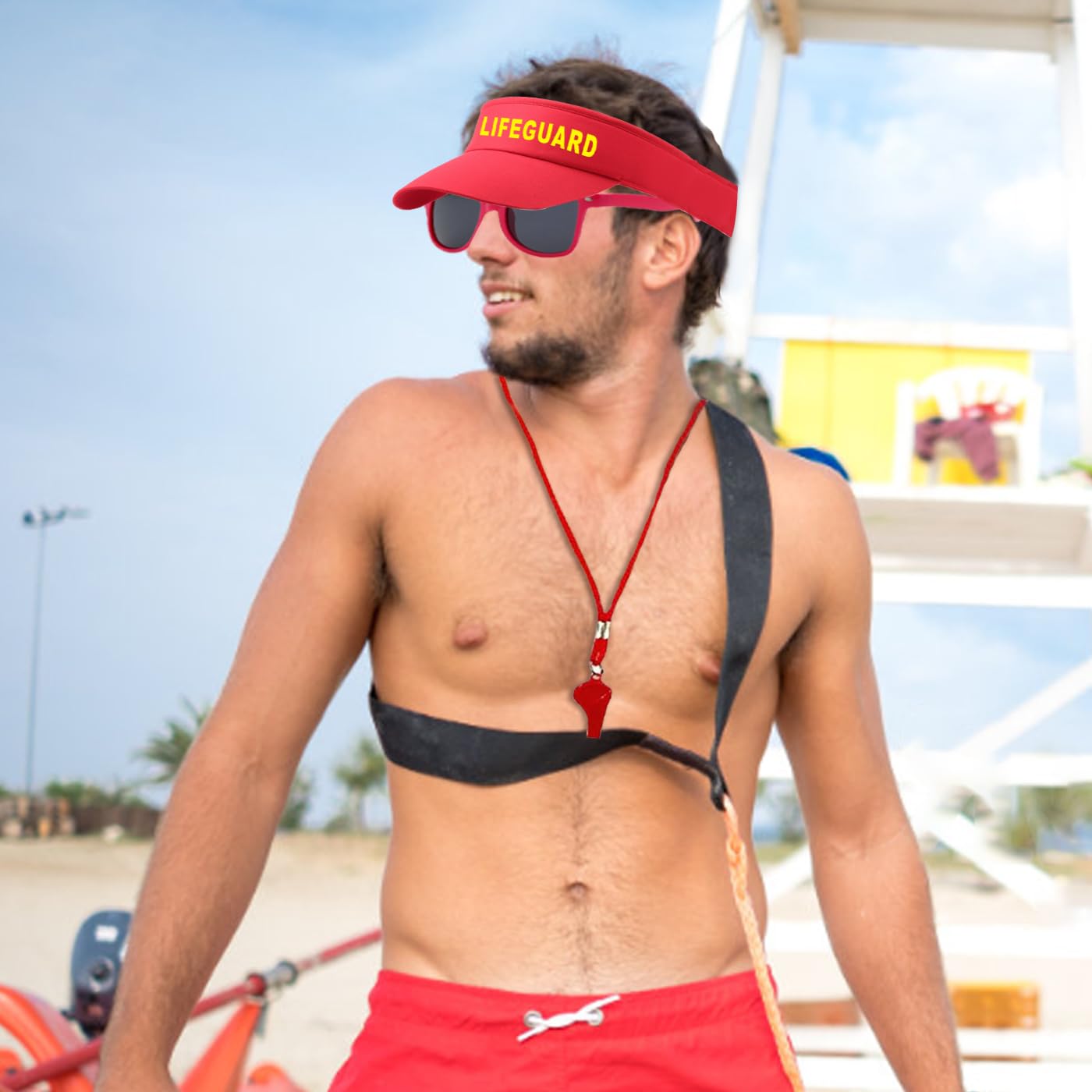 SSKHE Lifeguard Costume Set include Include Lifeguard Hat,Guard Whistle and Sunglasses,Lifeguard Accessories Red Adjustable Sunscreen HatsLifeguard Fancy Dress Costume for Adults Men Women Pool Party - Image 4