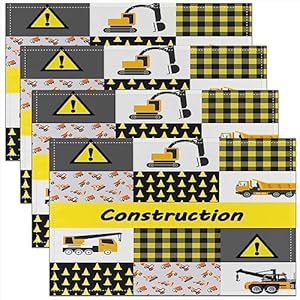 Excavator Placemats Set of 4 Yellow Construction Vehicles Table Mats for Kitchen Decor Kids Equipment Trucks Table Mats Placemat Geometric Plaid Car Decor Table Place Mats 12″x18″