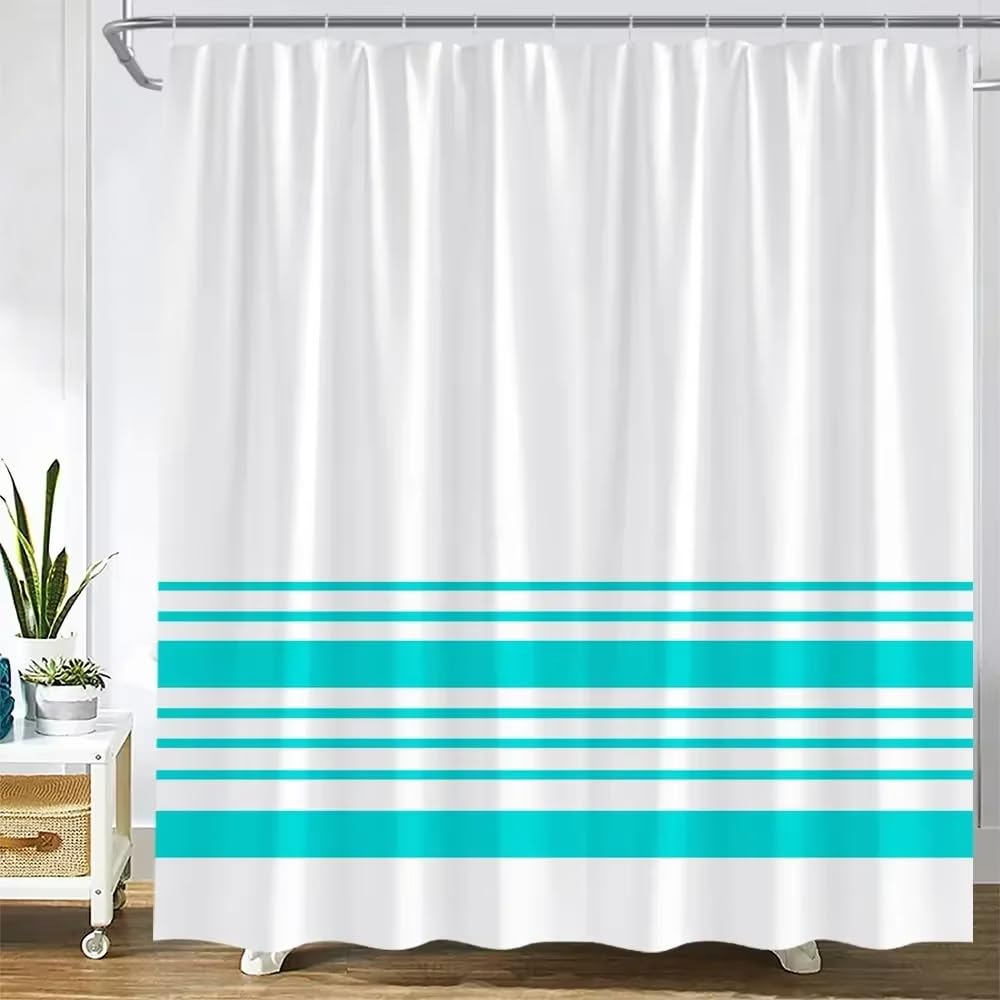 KELAIMI Simple Striped Print Shower Curtain - Modern Geometric Horizontal Stripe Bathroom Curtain with Hooks - Boho Line Bath Curtain with Hooks Teal 180X210Cm
