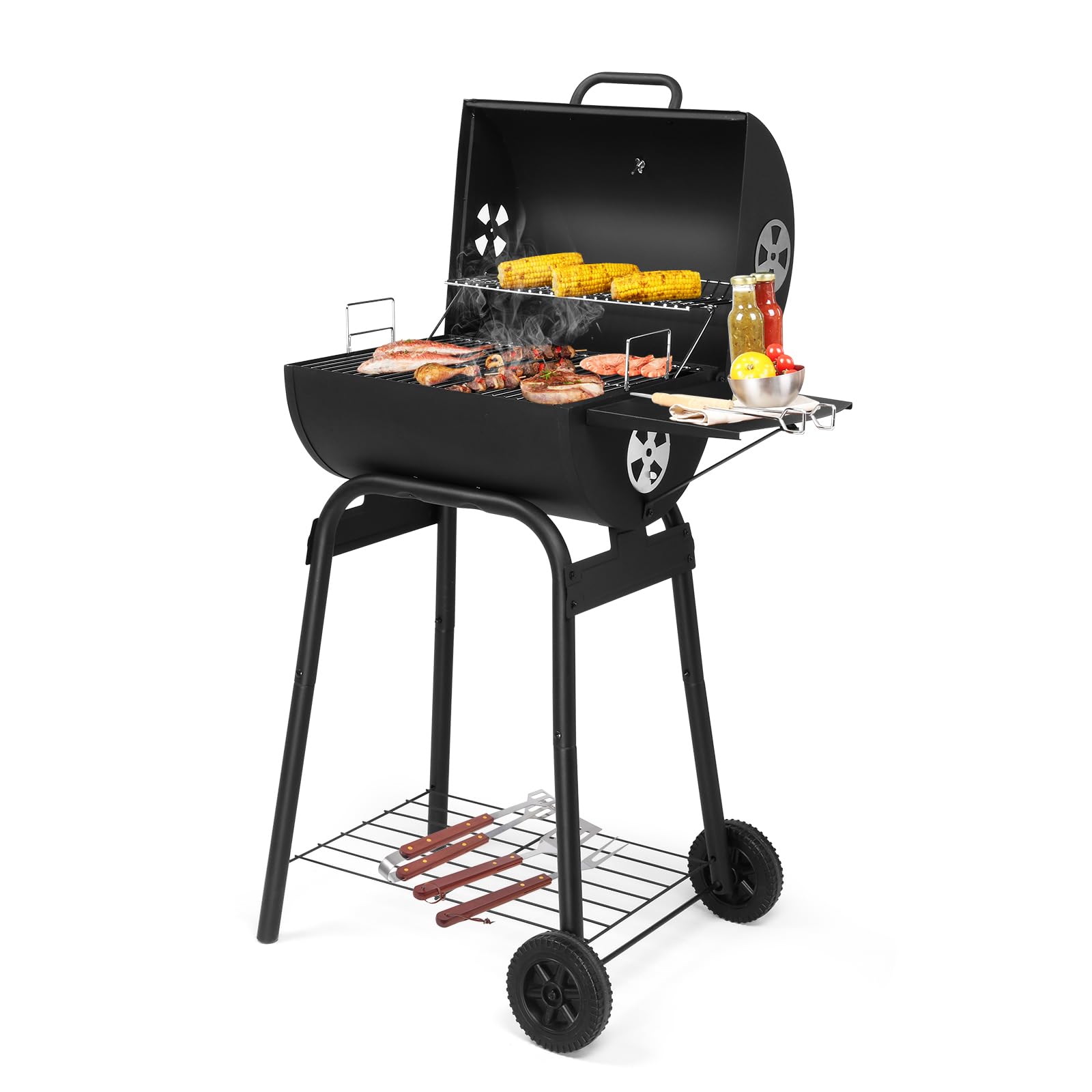 Bonnlo BBQ Charcoal Grill with Side Table, barbeque grill outdoor, Smokers with Wheels, Built-in Thermometer, for Bakyard Barbecue Party