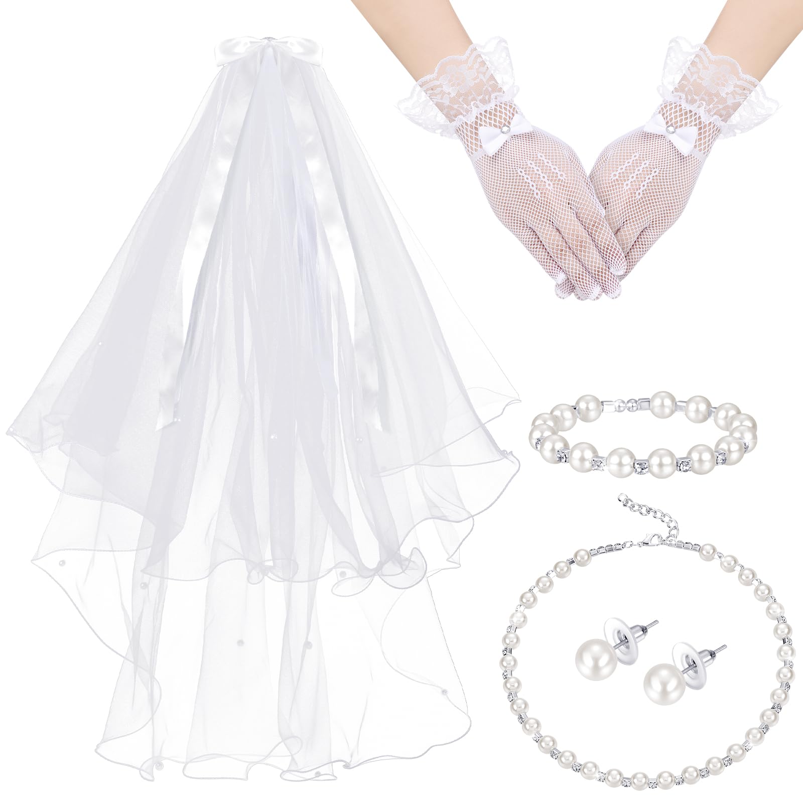 Bencailor 5pcs First Communion Costume Accessories Set Lace Gloves with Hair Comb Pearl Necklace Bracelet Earrings(Bleached Pearl,Lovely)