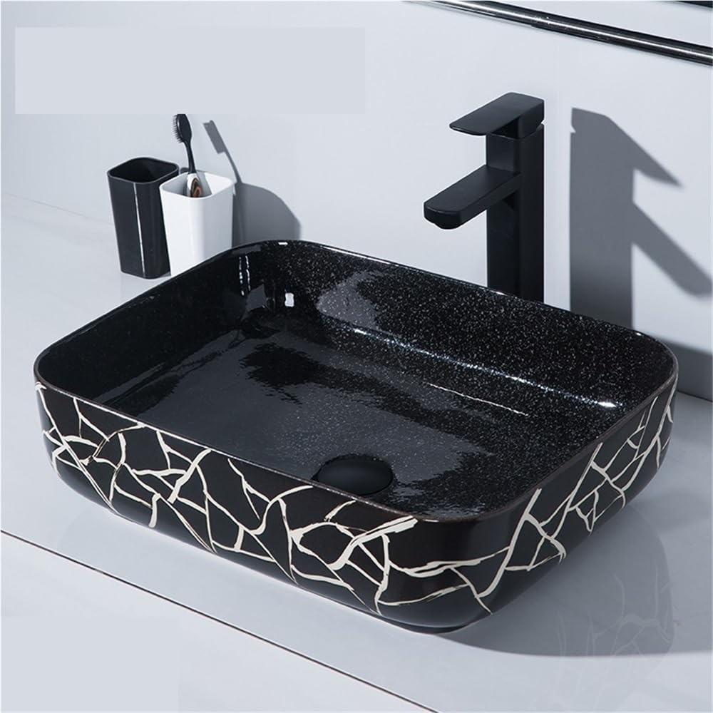 Umywalki łazienkowe Nowoczesna minimalistyczna czarna ceramiczna umywalka nablatowa Home Art Basin z baterią i odpływem