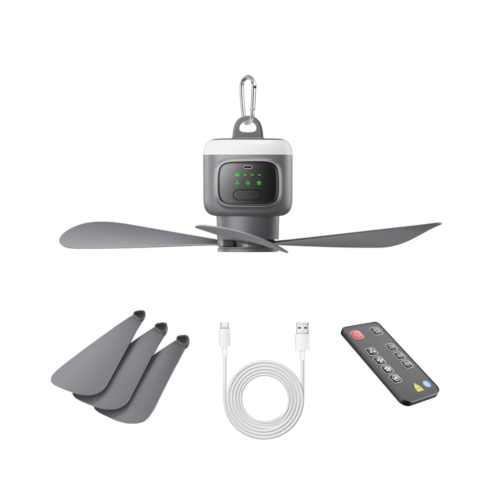 VVU&CCO Ventilatore da soffitto portatile ricaricabile con luce, 12000 mAh, funzionamento a batteria, tempo di utilizzo fino a 16 ore, regolazione 4 velocità, timer 2/4/8 ore, ventilatore da soffitto