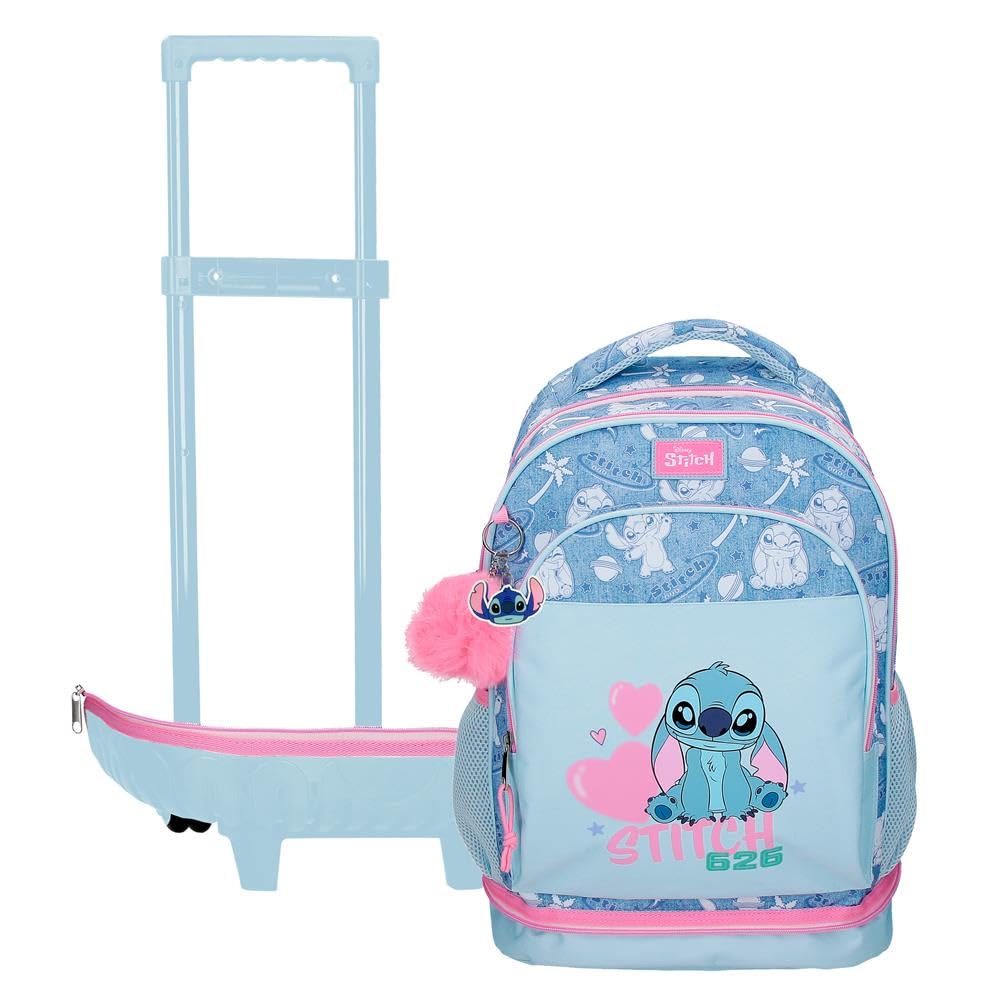 Disney Stitch Hearts Mochila infantil, escolar, fabricada en Poliéster, bolsillos laterales, tirantes anchos ajustables, Asa superior para colgarla, Con etiqueta de identificación, sistema magic Fix.