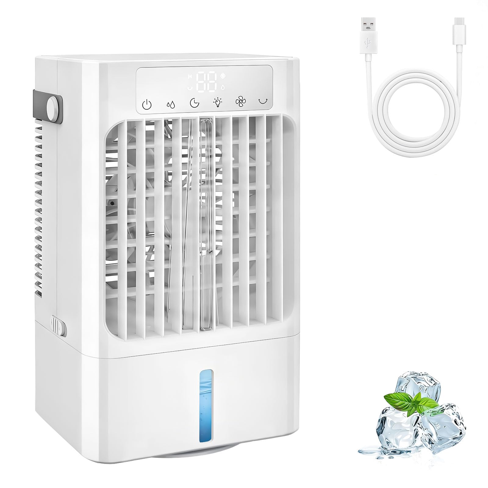 Mobile Klimaanlage Klein, Leise Luftkühler mit Wasserkühlung,3 in 1 Tischventilator für zuhause und büro,Tragbare Air cooler fan mit 900ML wassertank, Klimagerät AC-1-8H Timer