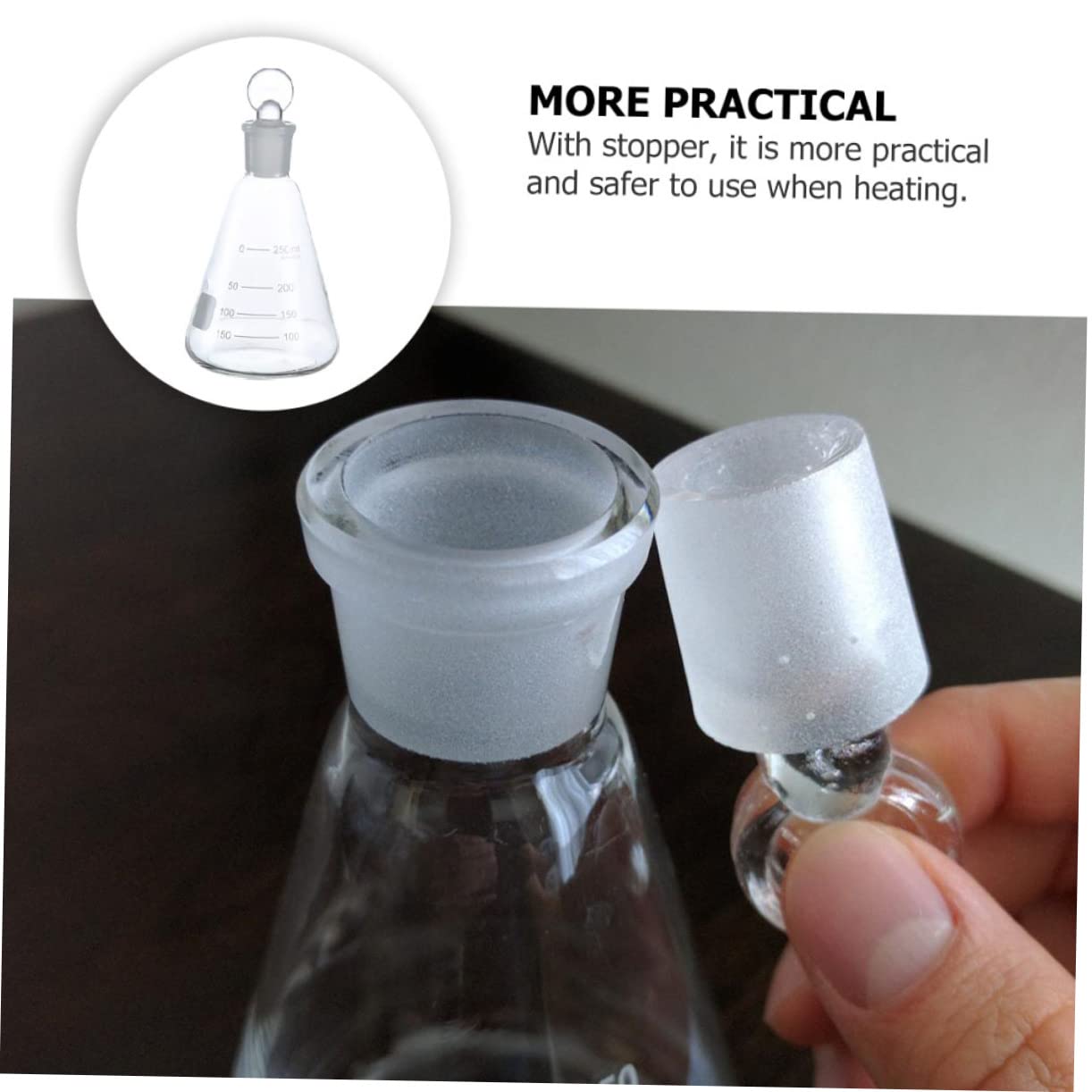 Set 3 Pezzi Beuta Conica in Vetro 250ml con Tappo Sughero, Vetreria da Laboratorio per Esperimenti di Chimica in Classe, Bottiglia Liscia e Inodore