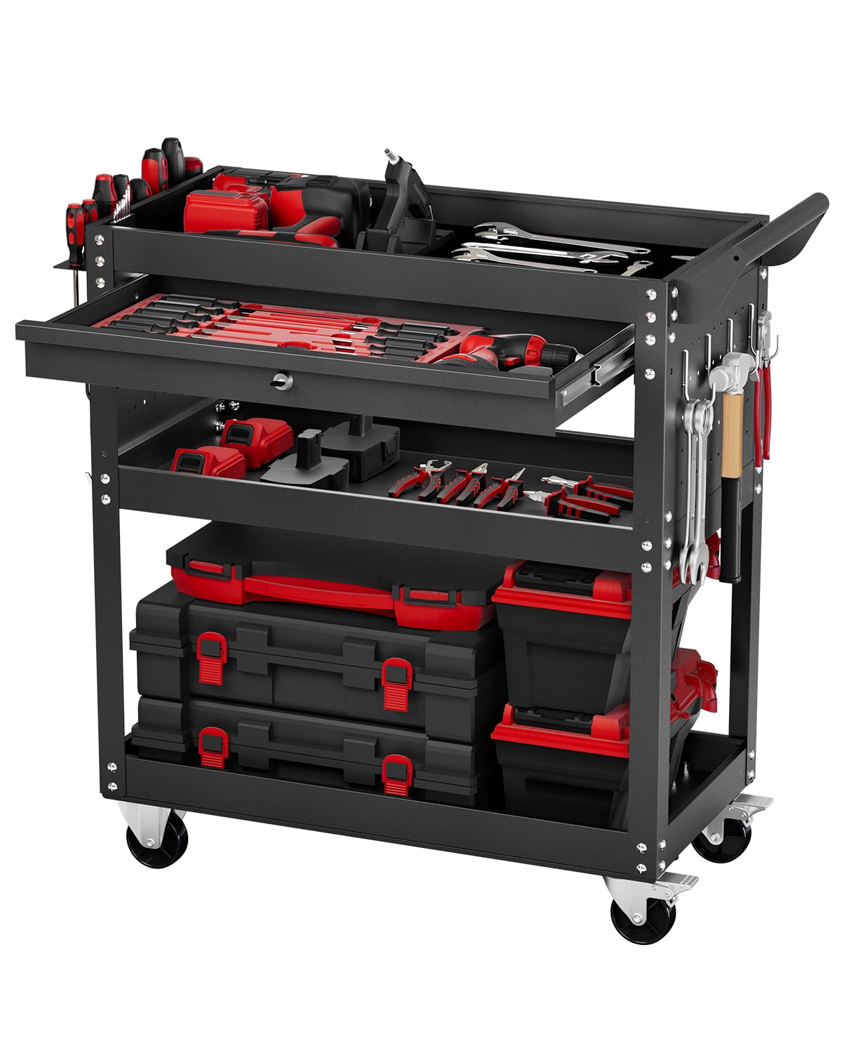 VEVOR Carrello Portautensili a 4 Ripiani con Ruote, Carico 160 kg Carrello da Lavoro con Cassetto e Pannello Forato, Organizzatore per Utensili Meccanici con Sistema di Bloccaggio per Garage, Nero