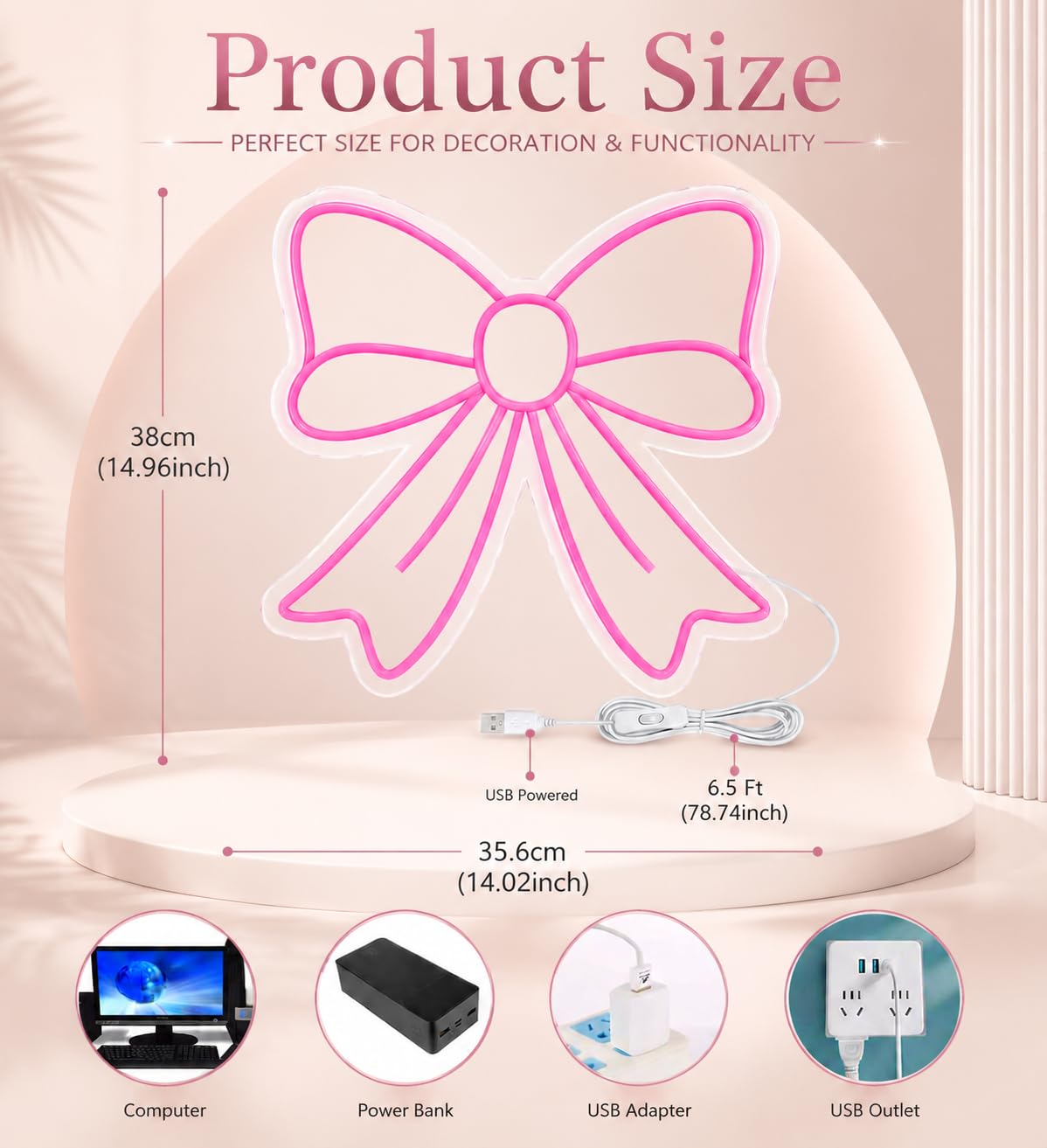Letrero Neon pared Estética, Neon LED Lazo Rosa Vibrante con Cable USB, Decoracion habitacion Niña y Decoracion Gamer, Luz Nocturna Infantil Regalo Niña 6 Años a 18 Años