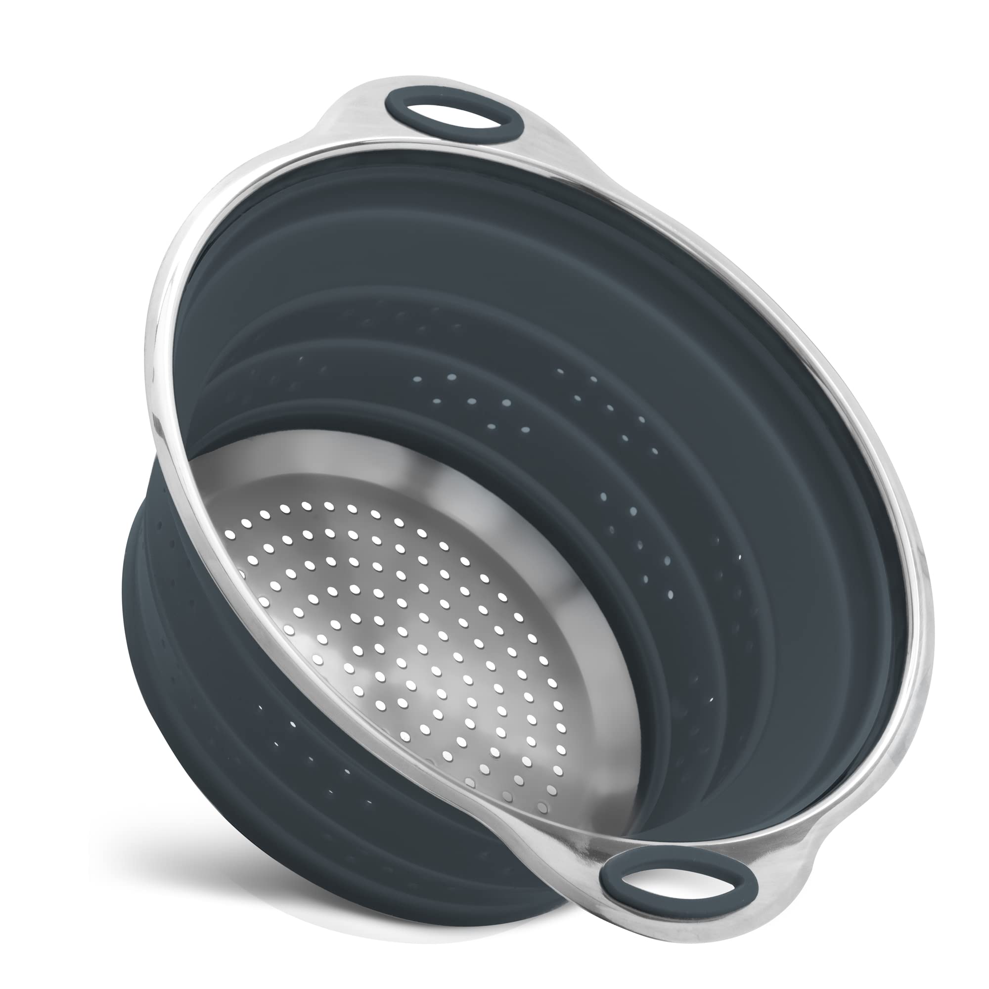Passoire à pâtes en acier inoxydable et silicone - Pliable - Résistant à la chaleur et peu encombrant - Gris