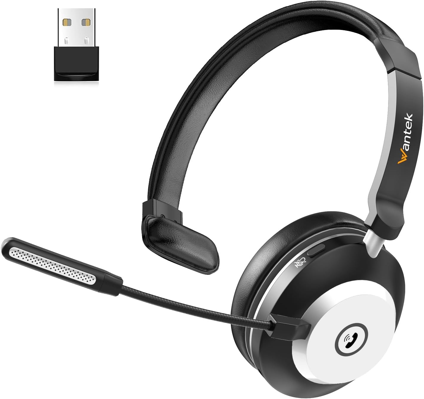 Photo 1 of Wantek Bluetooth Headset with USB Dongle for Computer, Single-Ear Wireless Headset with Noise Cancelling Microphone for Office & Truckers, Bluetooth V5.3 with Mute Button for Work