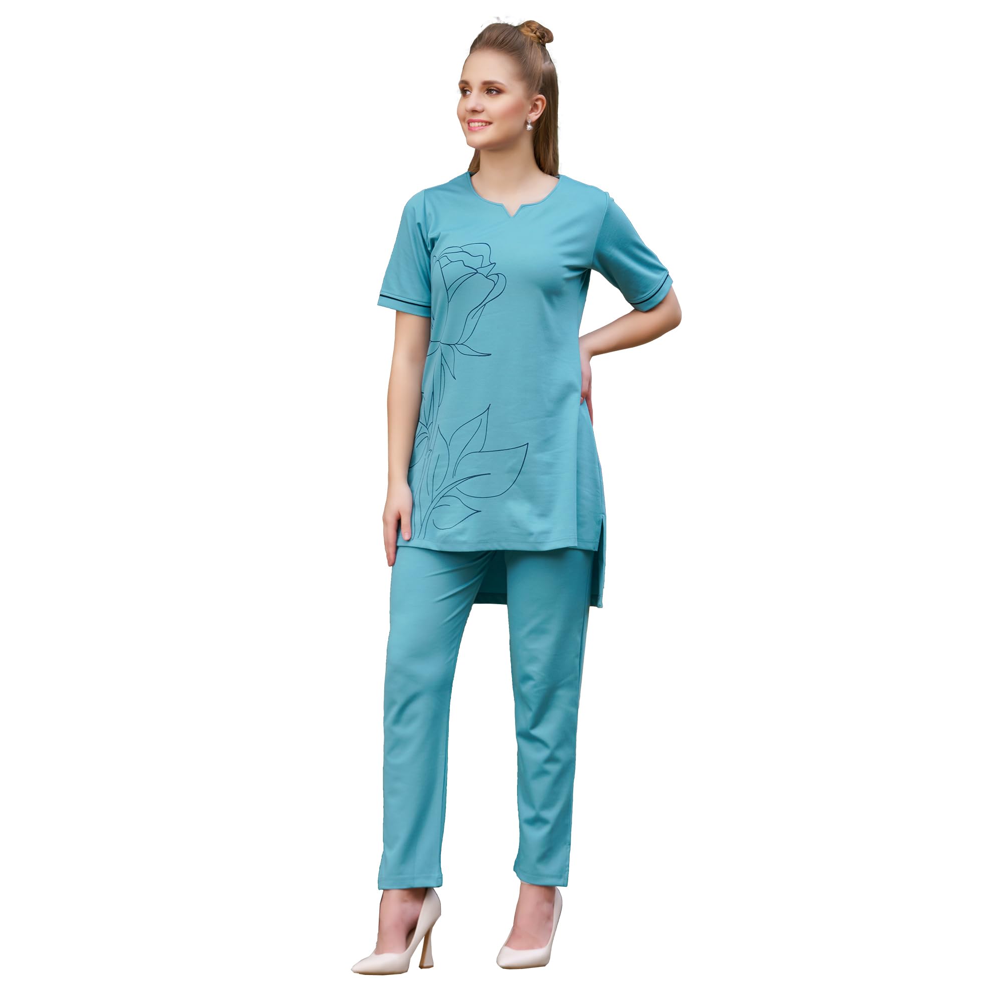 trylo Riza Imported Jacquard Fabric Notched Round Neck Short Sleeves Relaxed Fit Top and Pyjama Night Suit Set/VNS-1117-picture-8