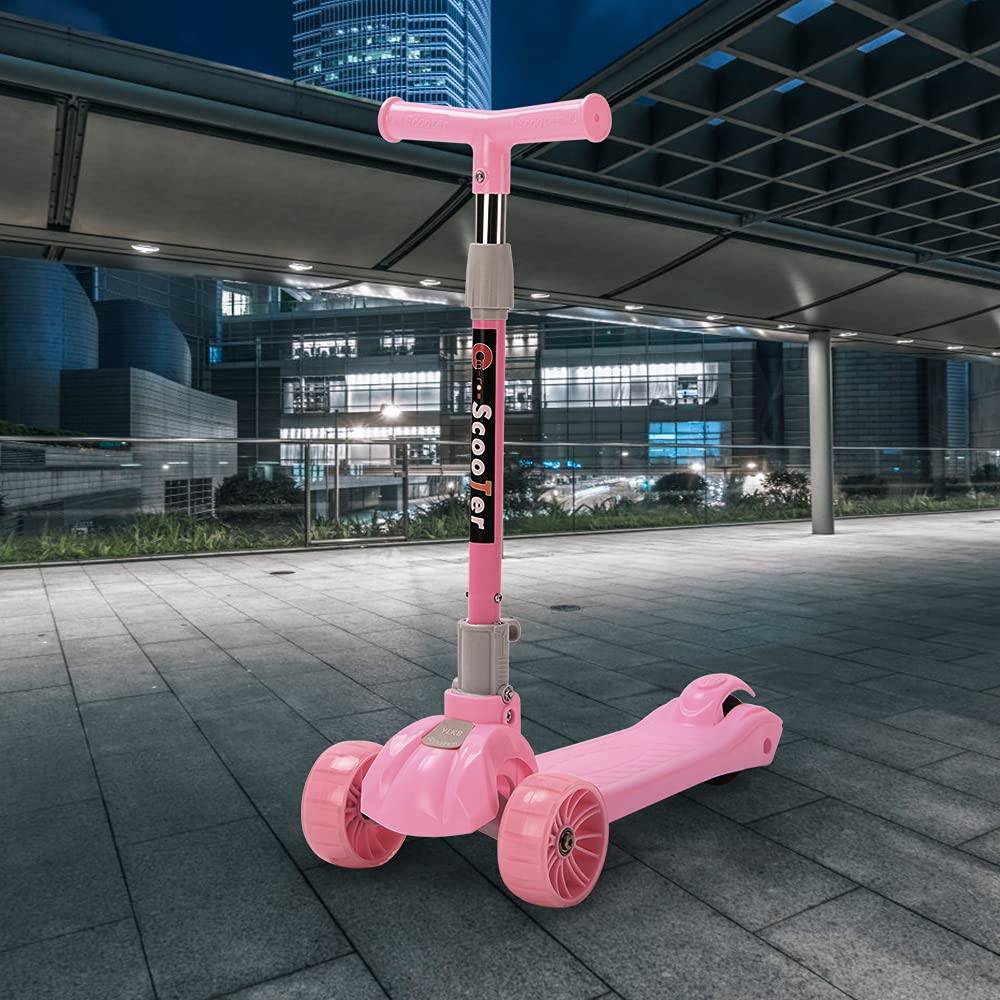 3-kołowa hulajnoga dziecięca z diodami LED podświetlanymi kołami i regulowaną kierownicą, regulacja wysokości 70-75-81 cm, składana hulajnoga ewolucyjna, 2-8 lat, dla dziewczynek i chłopców (różowa)