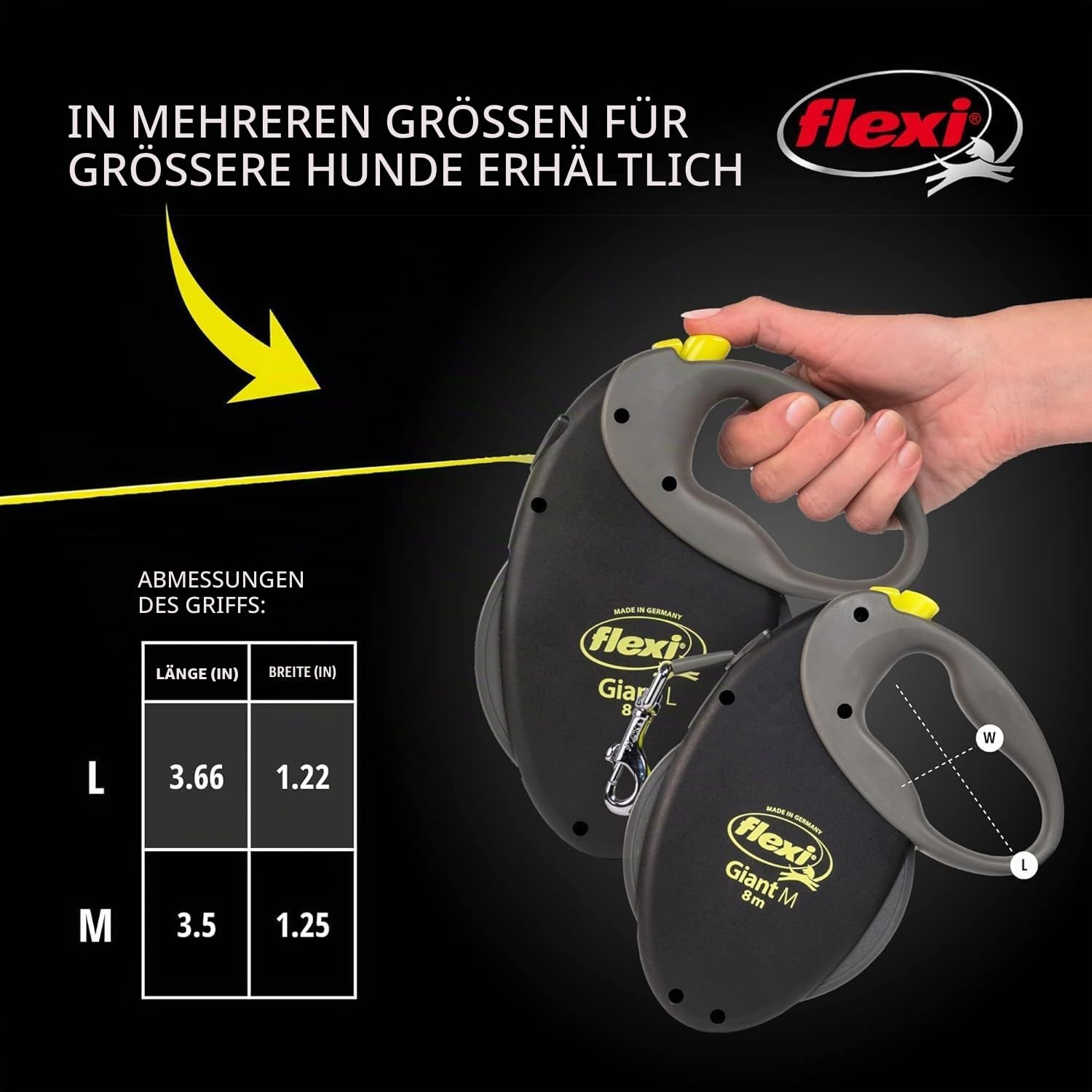 Flexi USA Giant neon einziehbare Hundeleine (Band), ergonomisch, strapazierfähig und verhedderungsfrei Haustier Laufleine für Hunde bis zu 49,9 kg, 7,9 m, groß, schwarz