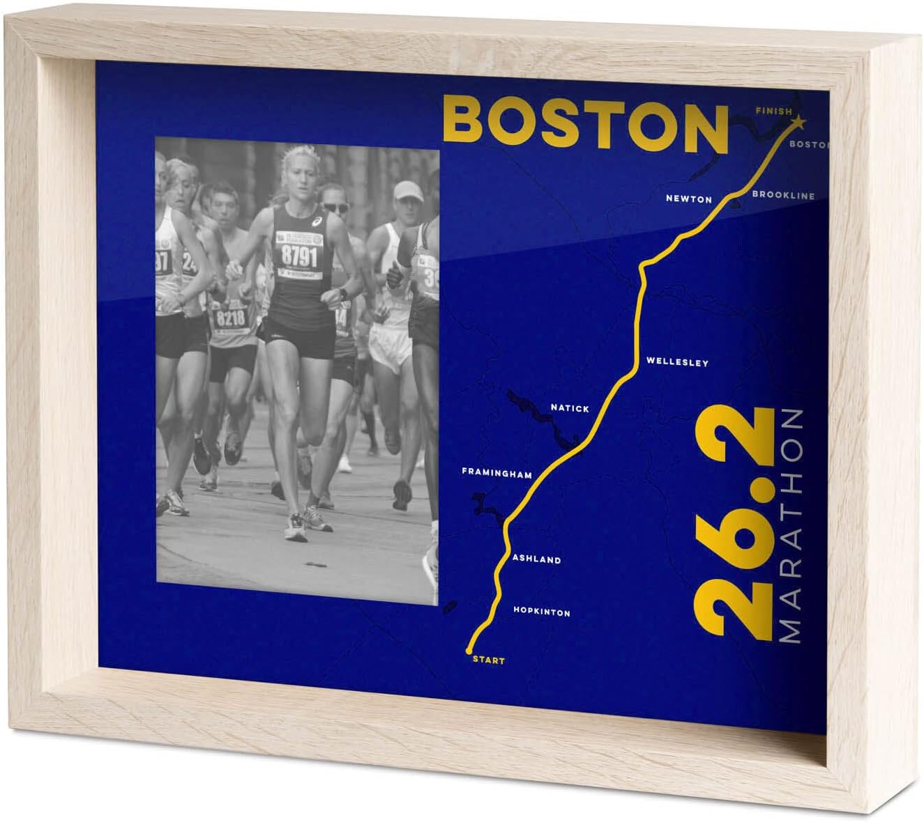 Gone For a Run Boston 26.2 Marathon Frame - Marathon Runner Gift - Running Picture Frame Holds 4x6 - Blue and Yellow