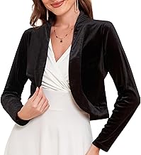 Women's Long Sleeve Velvet Shrug for Dresses Cocktail Party Open Front Cropped Bolero Cardigan Top