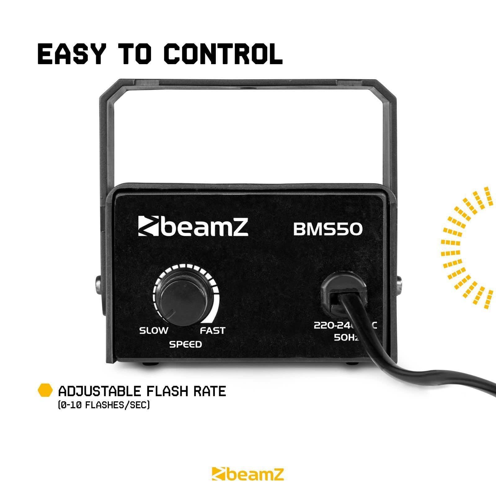 BeamZ BMS50 Mini Strobo de 25W con velocidad ajustable, ligero y compacto, tubo de flash de xenón, máximo 10 destellos por segundo, incluye soporte para colgar.