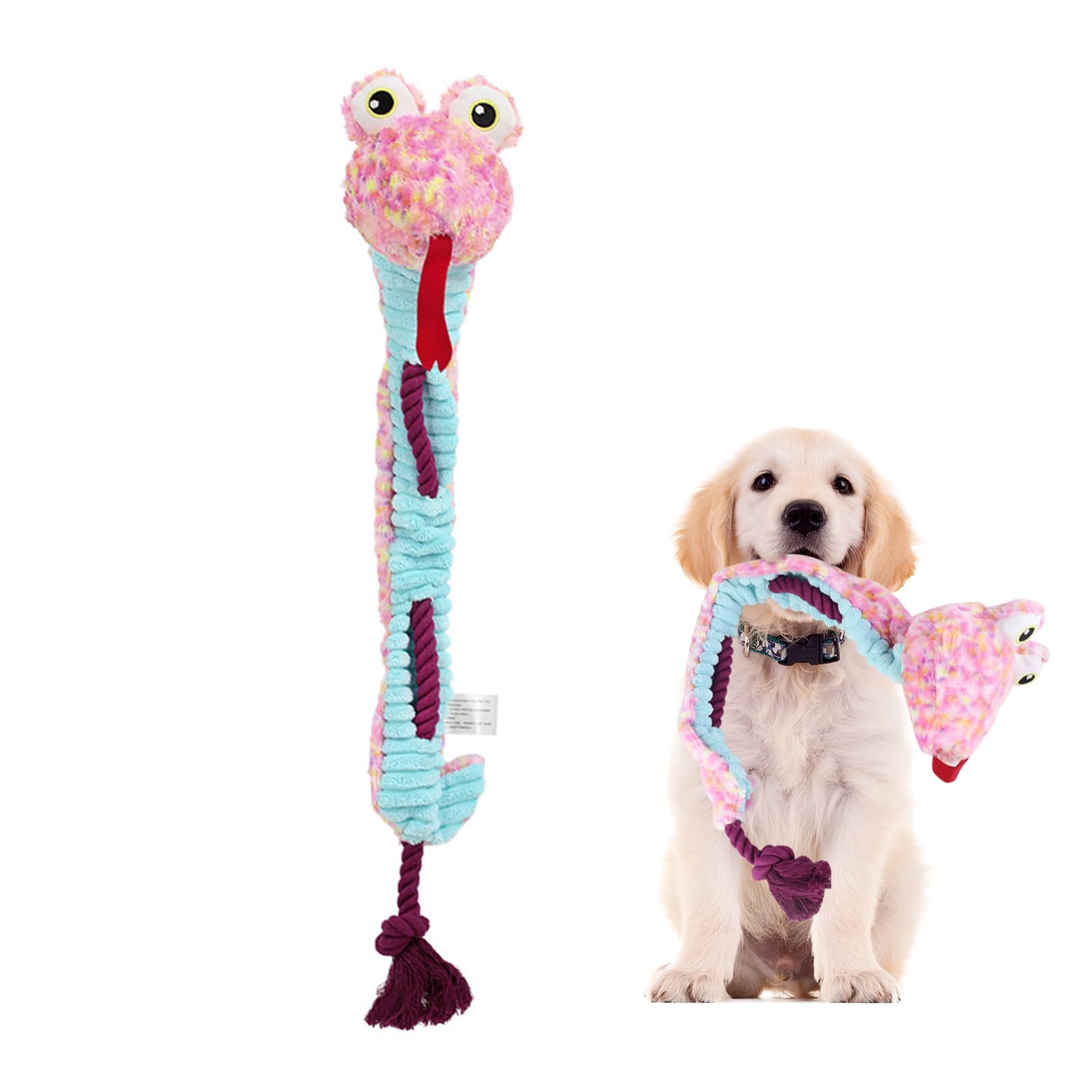 Andiker Squeaky Dog Toys, Snake Shape Dog Tug Toy with Squeaker and 19.29 In Long Cotton Rope, Interactive Dog Toy for Small Medium Large Dogs (Pink)