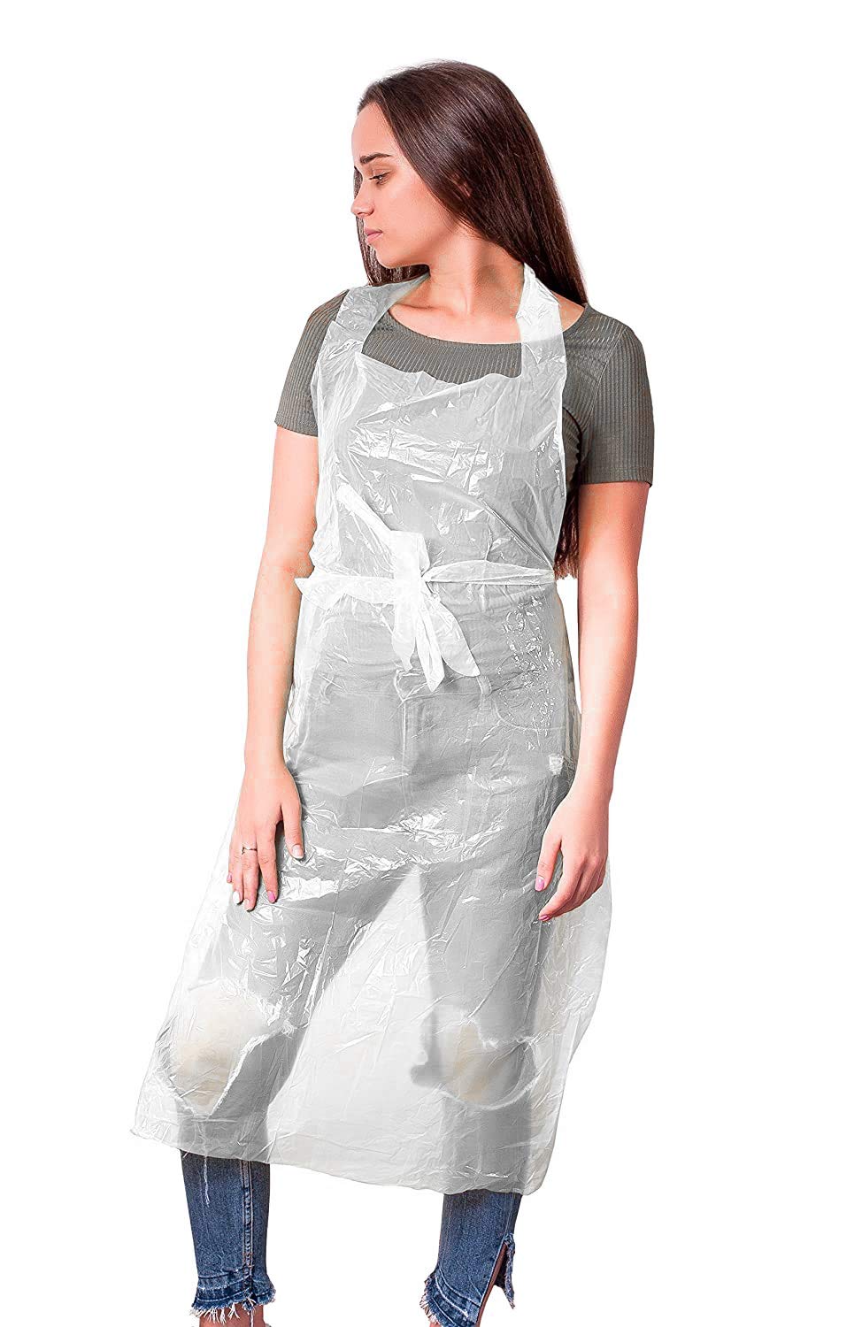 AMZ Adult Disposable Aprons for Painting, PE Waterproof Apron with Waist Ties, 1 Mil Thick Plastic A