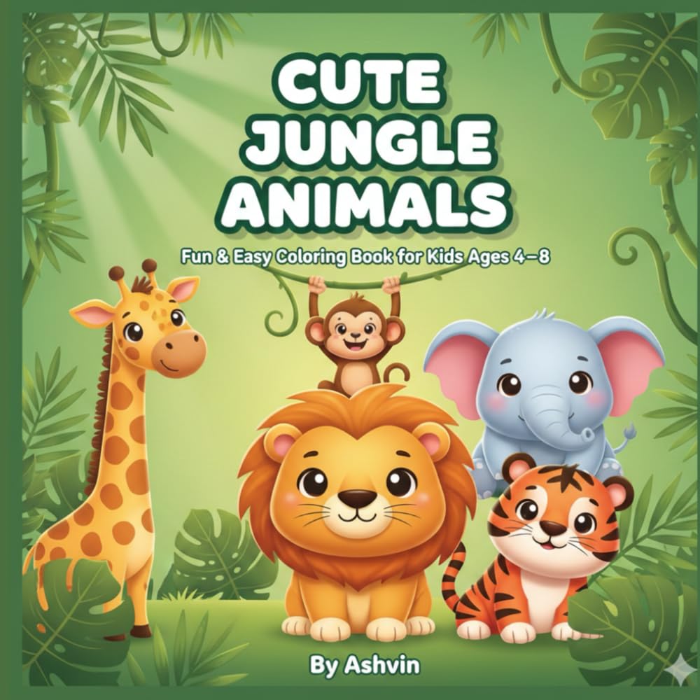 Cute Jungle Animals: Fun & Easy coloring book for Kids Ages 4 to 8