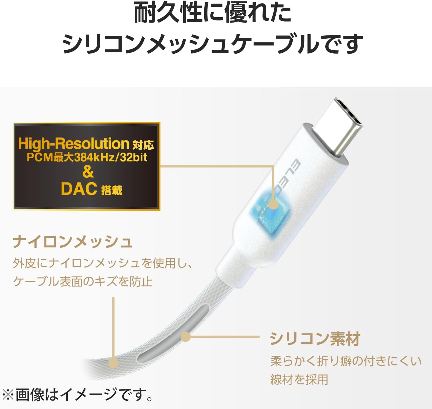 Close-up of ELECOM MPA-C35DSMWH cable showing silicone mesh and DAC