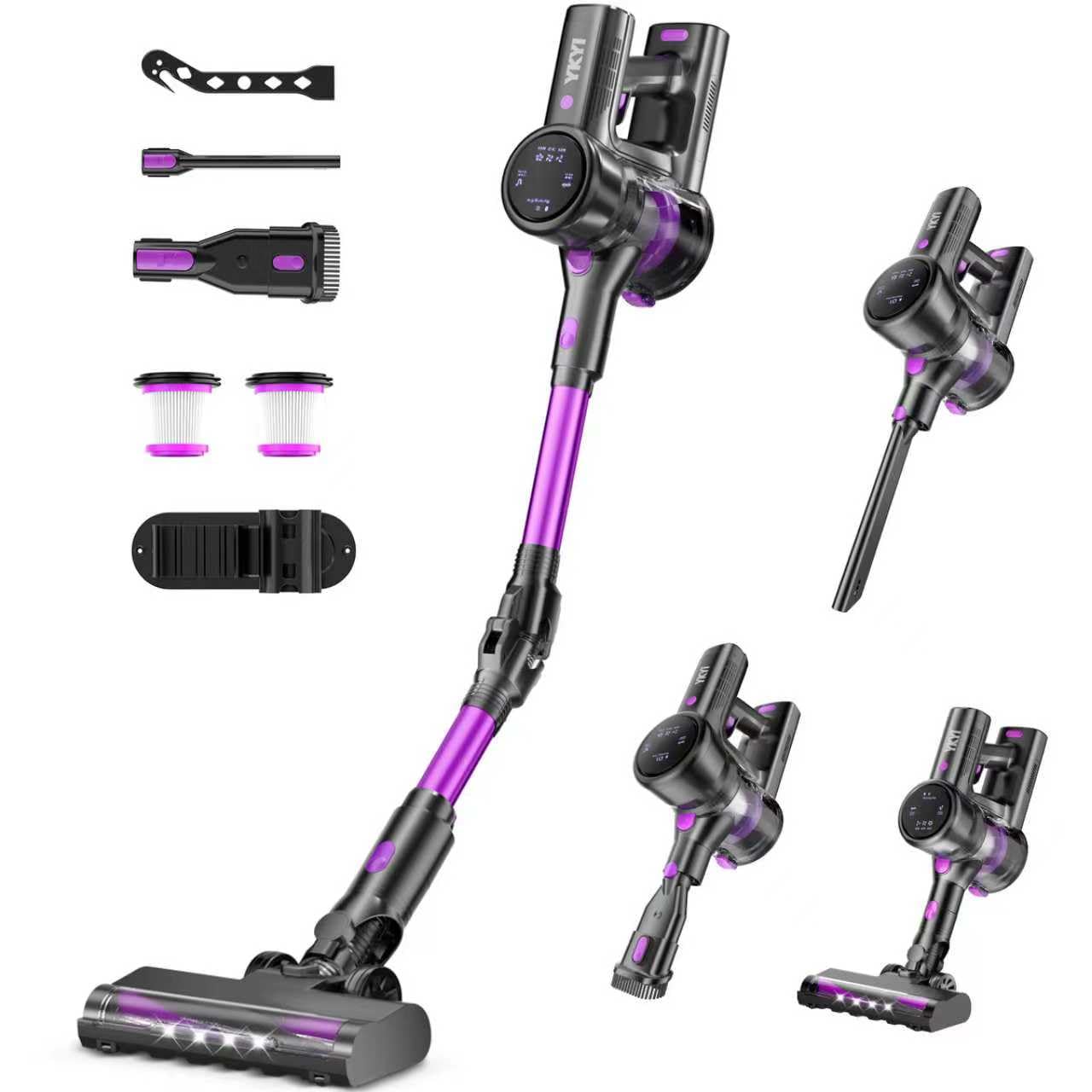 Cordless Vacuum Cleaner, Cordless Stick Vacuum with LED Display & Foldable Lightweight Design, 45KPa/500W/60Mins/3 Modes,Rechargeable Handle Cleaners for Home, Pet Hair, Carpet, Hard Floor(Purple)