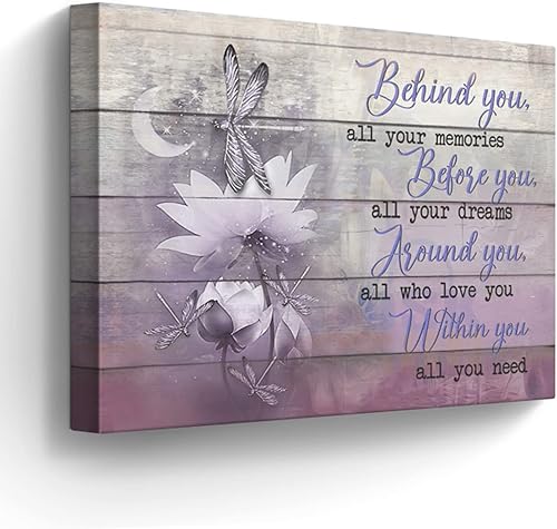 Lienzo de libélula morada, arte de pared con citas inspiradoras, imágenes moradas, decoración de pared de libélula de loto, pintura rústica para