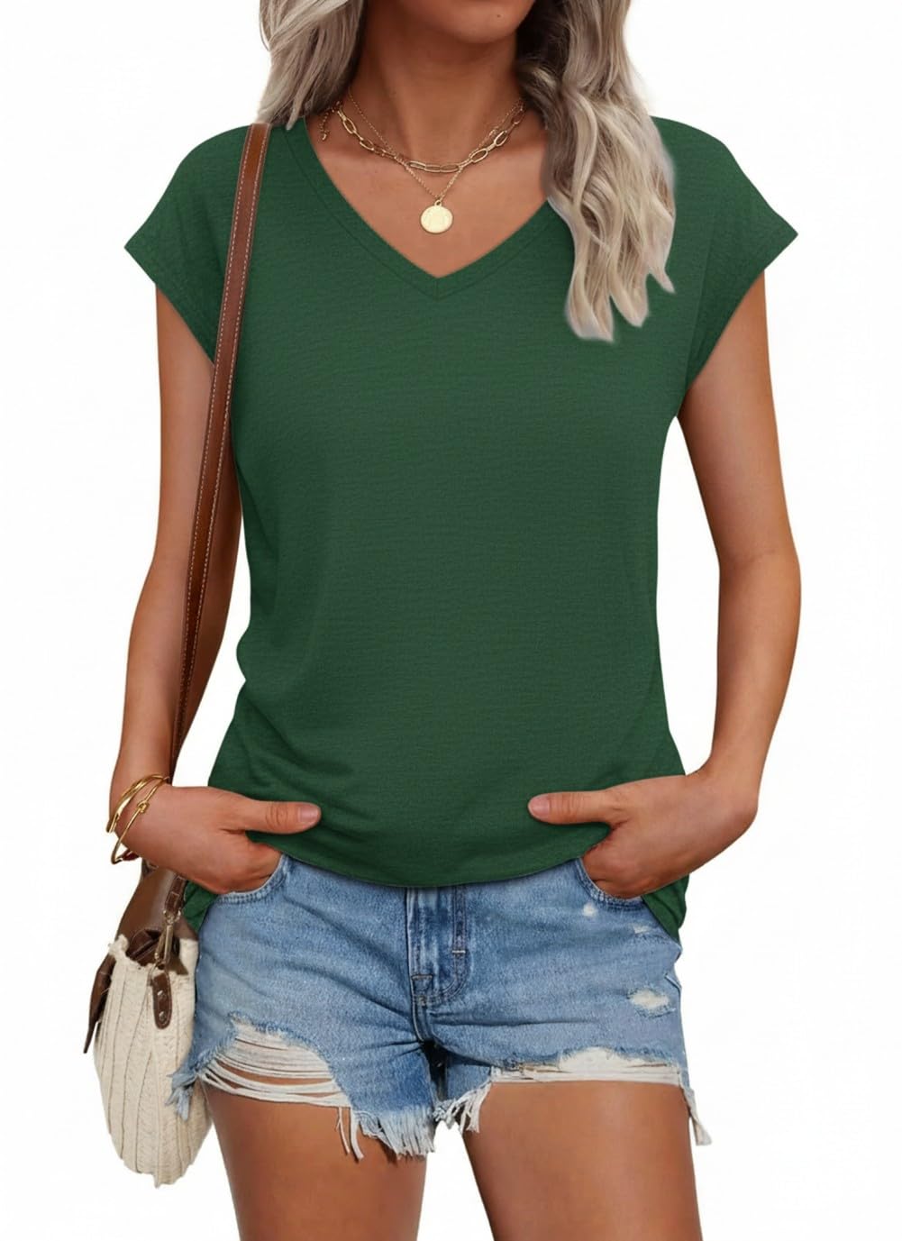 Suncife Damen-T-Shirt, Sommer, lockere Passform, Flügelärmel, V-Ausschnitt, T-Shirt