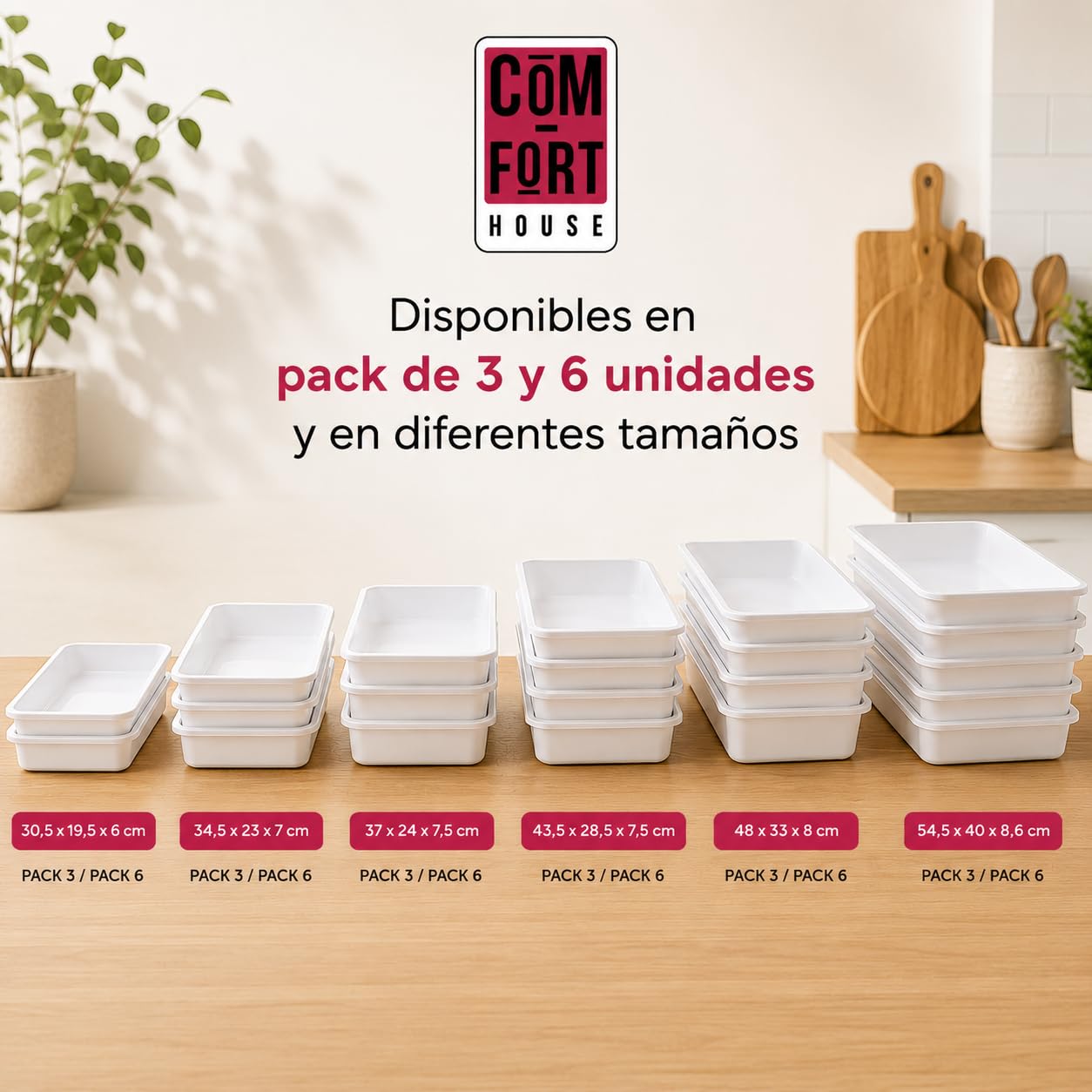 COM-FORT HOUSE Vassoi di plastica o bacinella di plastica rettangolare portaoggetti, bianco, misura 4, 3 pezzi