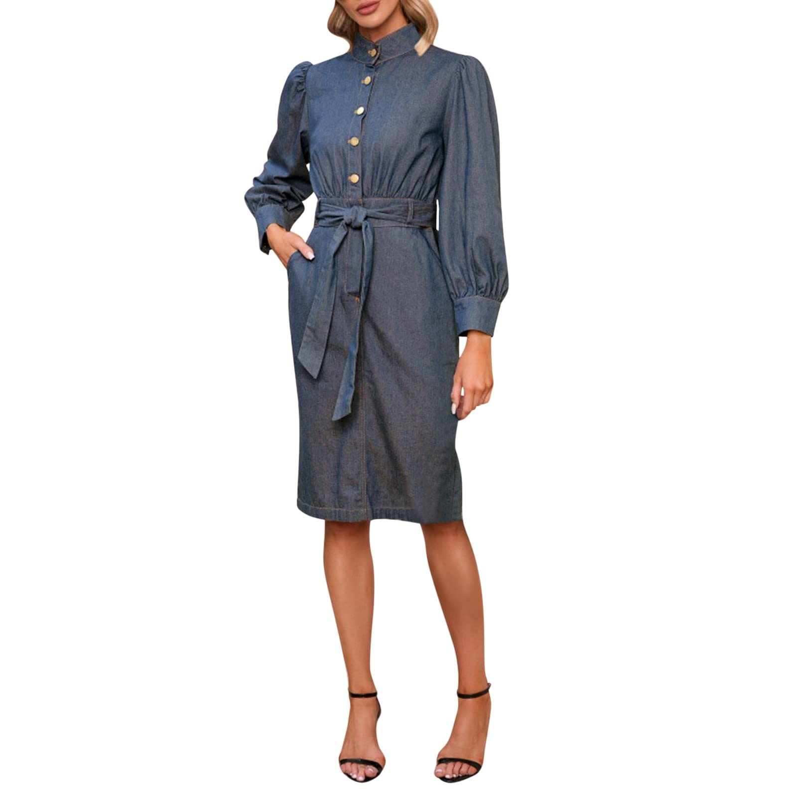 CCOOfhhc Ladies Classic Blue Stand Collar Long Sleeve Denim Dress Retro Dress Long Dressed for Women