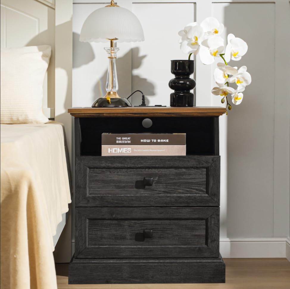 ENOUSHU Night Stand with Charging Station, Bedside Table with 2 Drawers Storage and Open Shelf, Wood Farmhouse Nightstand with Outlets for Bedroom