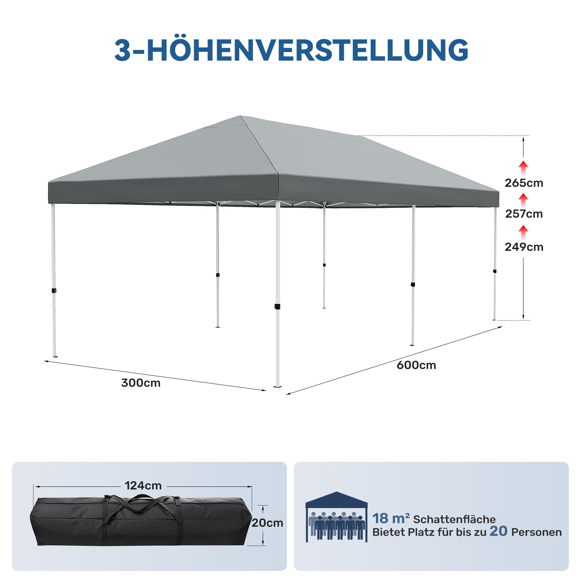 Fijinhom Pavillon 3x6 Wasserdicht Stabil Winterfest, Faltpavillon 3x6 Höhenverstellbar, Pop Up Pavillon UV Schutz 50+,Partyzelt Gartenpavillon Für Outdoor, Grau