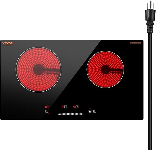 VEVOR Estufa eléctrica radiante, 24 pulgadas, 2 quemadores, estufa eléctrica integrada, placa de cerámica de 1800 W con panel de vidrio, control