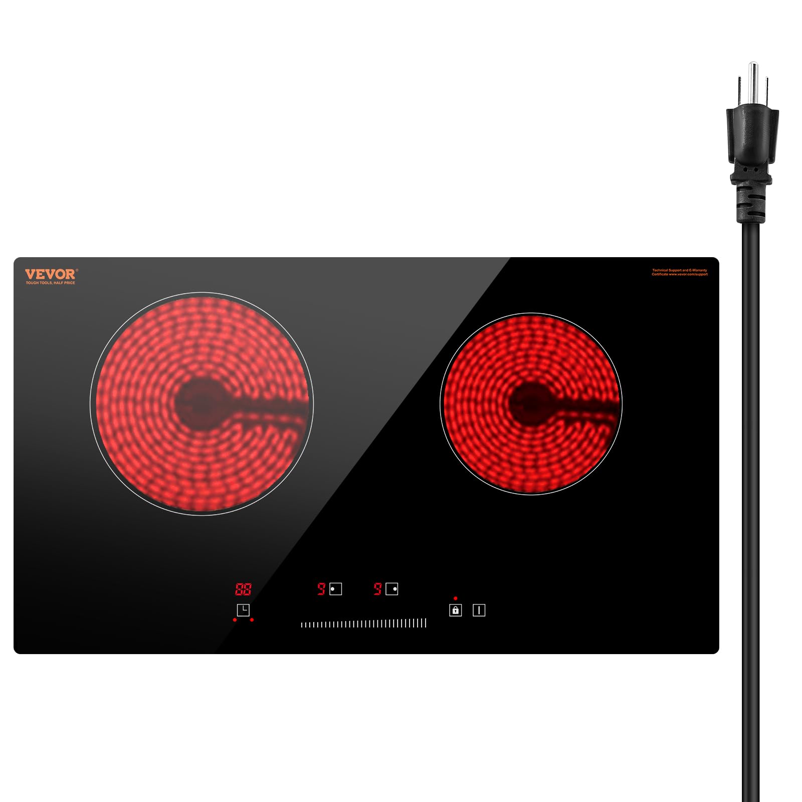 VEVOR 24 Inch Electric Cooktop 2 Burners, 1800W Radiant Glass Panel, 120V | USA Import for Indian Kitchens - main product image