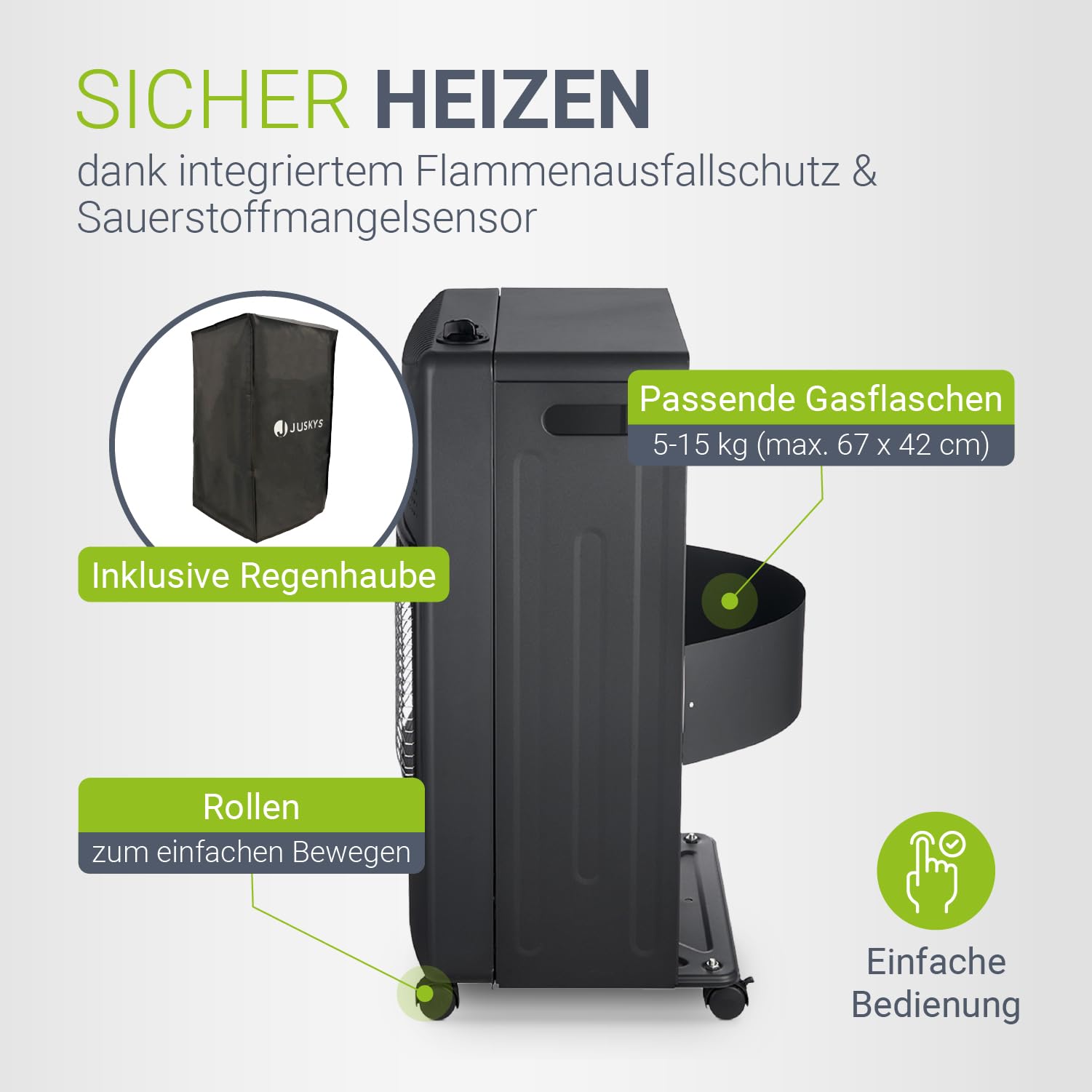 Juskys® Keramik Gasheizung GS42US in Schwarz - 4200 W mit Druckregler & Schlauch - Mobil, effizient & energiesparend - Gasheizer Gasheizofen Gasheizgerät