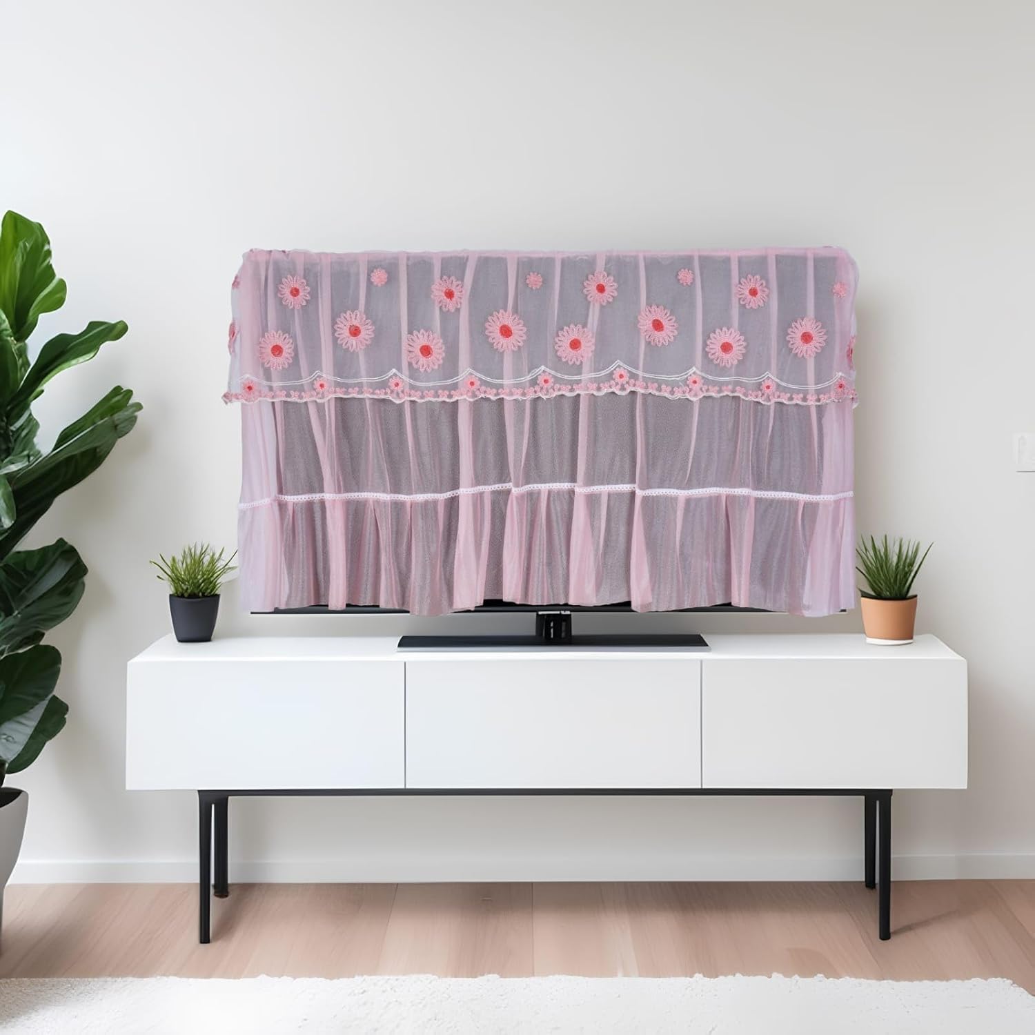 PHE Pink TV Cover Colourful Dustproof for LCD LED, Indoor Bedroom Living Room Decoration Dust Cover for Televisions Household Hanging Net clothing Tv Cover (50 to 55,Pack of 1)-image-3