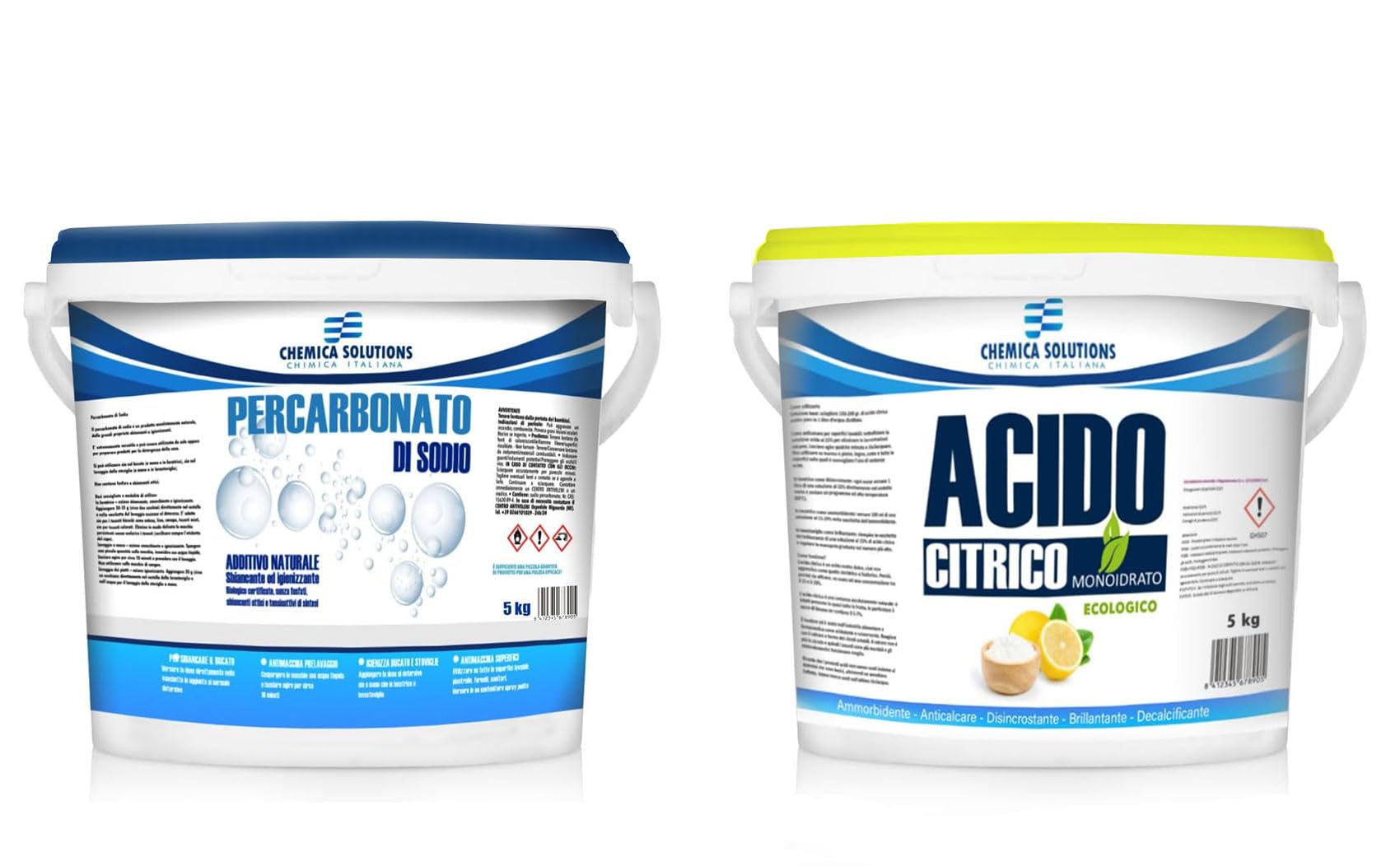 Chemica Solutions - Acido Citrico 5kg, Ammorbidente, Anticalcare + 5kg Percarbonato di sodio Sbiancante, Igienizzante per Lavatrice e Pulizie della casa Boundle 2 barattoli 5 kg