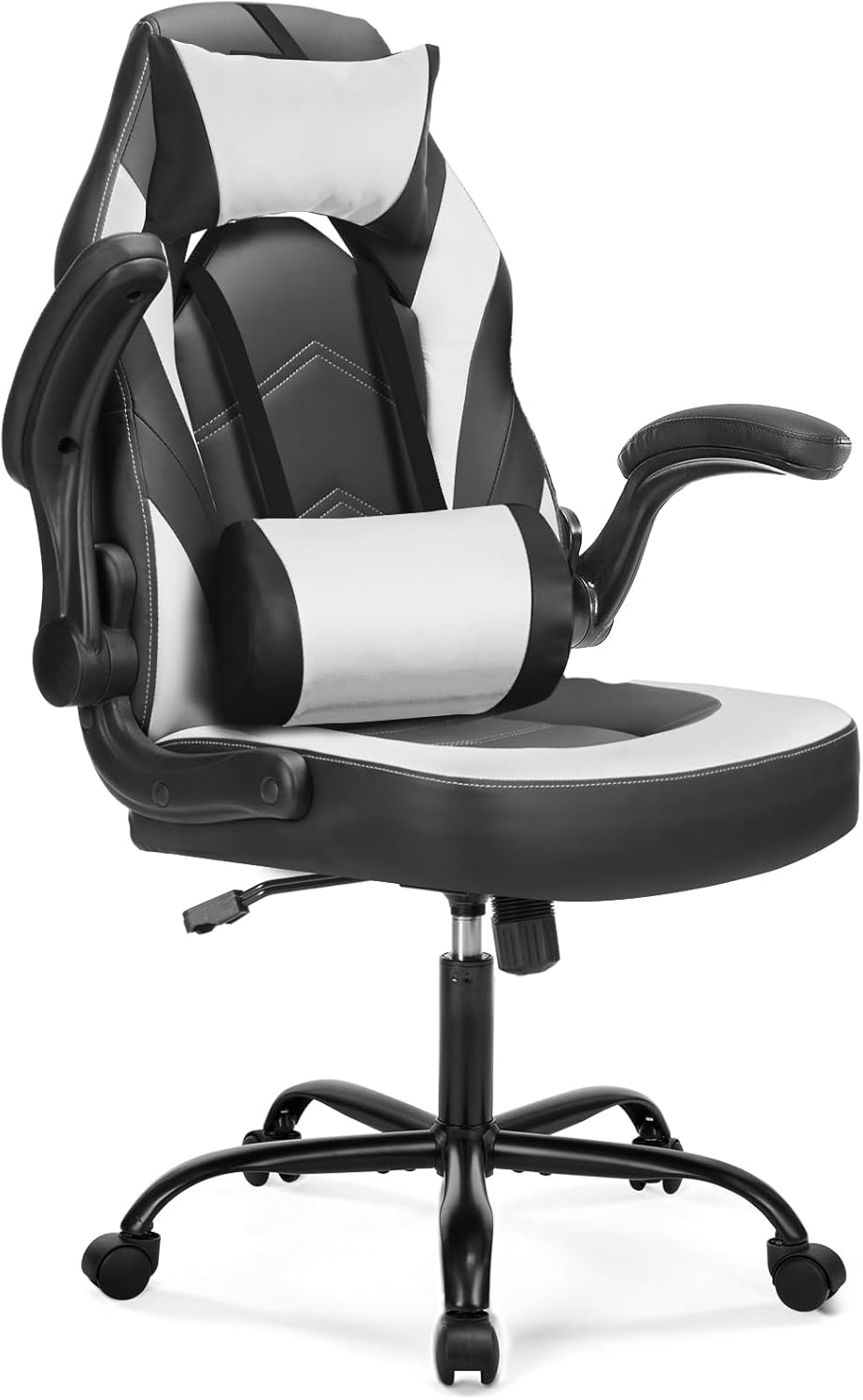 DUMOS Ergonomic Gaming Office Desk Chair with Flip-up Armrests for Adults, Height Adjustable PU Leather Video Game Computer Chair with 360 Rolling Wheels for Home and Office, Black White